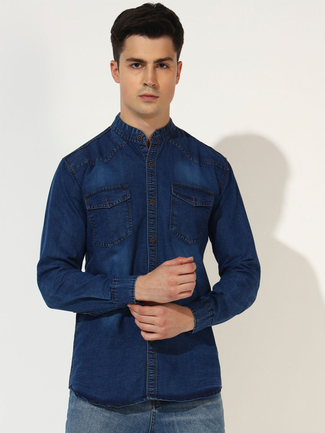 DOUBLE ONE Men Standard Fit Solid Band Collar Casual Denim Shirt