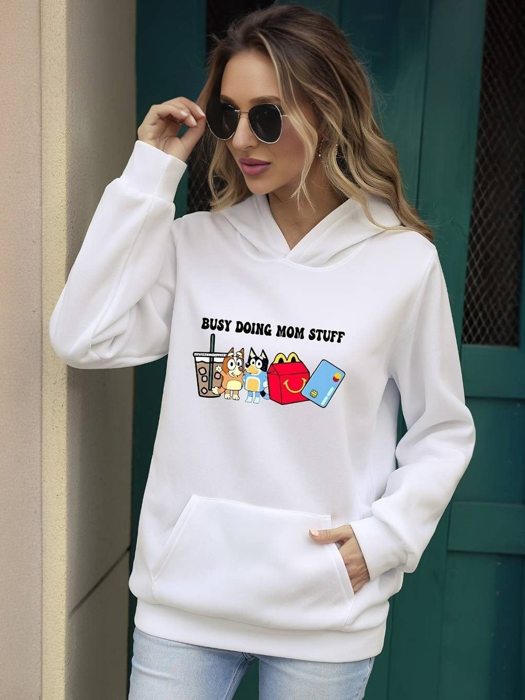 Women's White Printed Hooded Sweatshirt