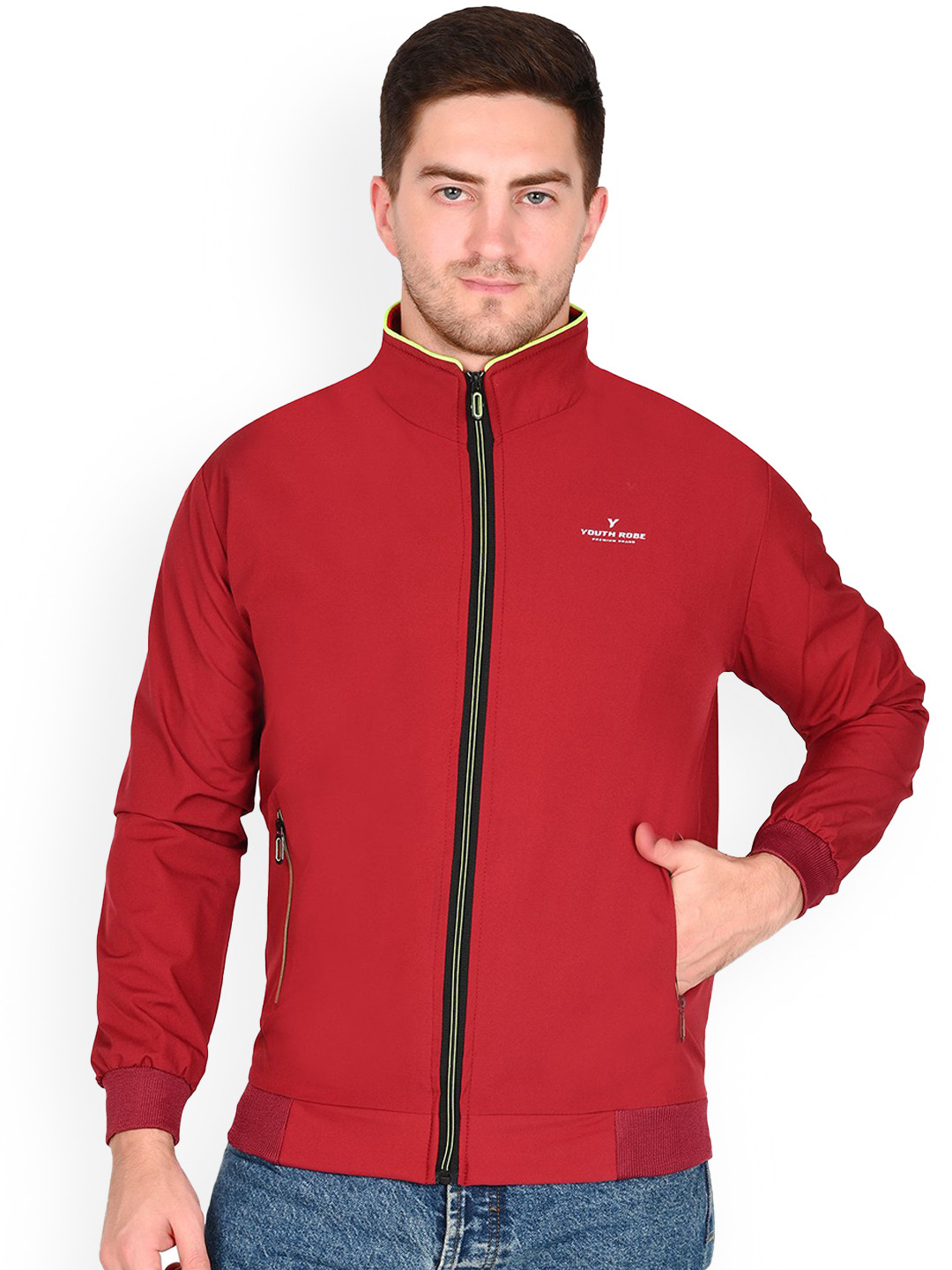 YOUTH ROBE Men Mock Collar Solid Lightweight Bomber Jacket