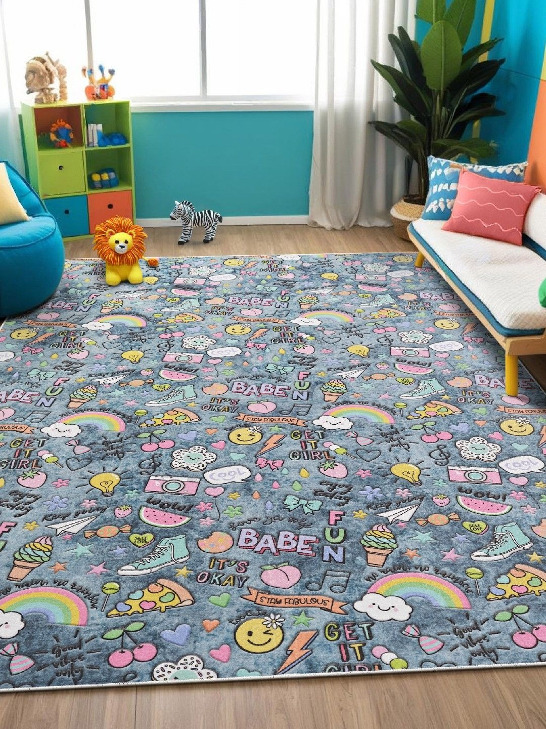 Kaleen India Blue And Yellow Cartoon Characters Printed Anti-Skid Backing Washable Rugs