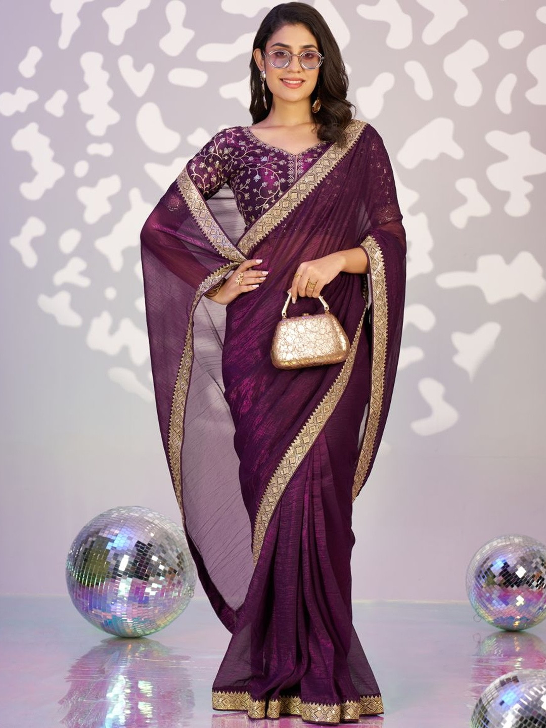 HERE&NOW Embroidered Pure Crepe Saree With Matching Pallu Blouse