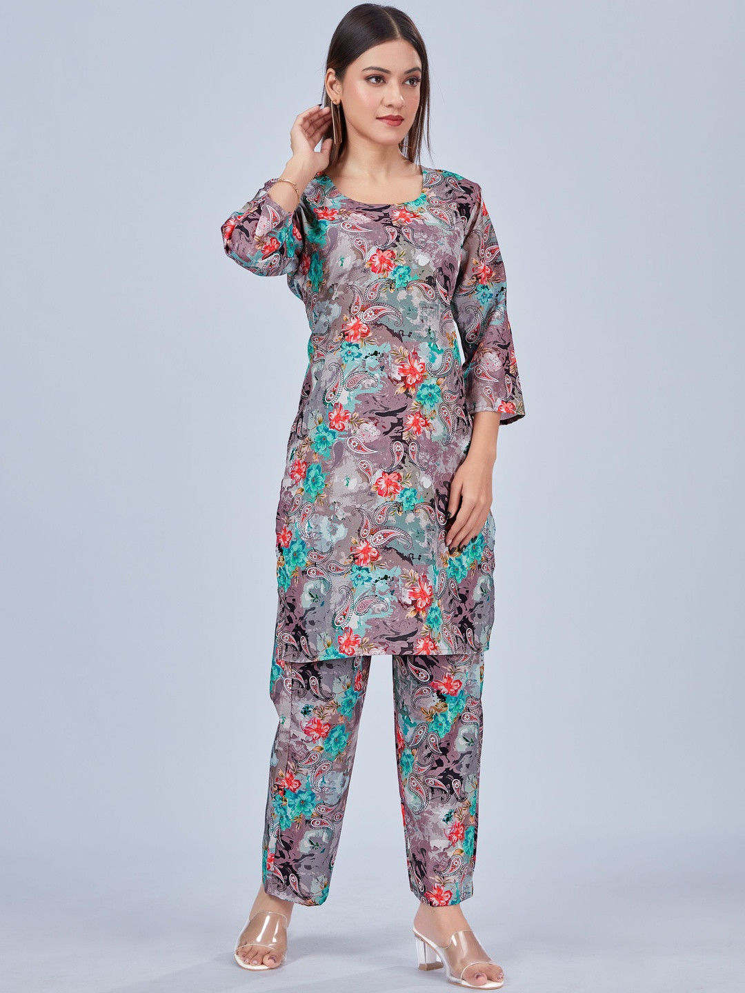 Moda Rapido Multi Colored Printed Round Neck Top With Trousers Co-Ords