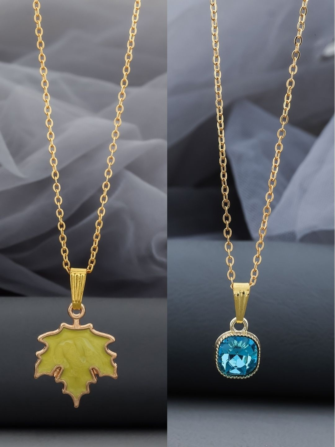 Birado Jewellery Set Of 2 Stainless Steel Gold-Plated Stones Studded Square Pendent &Chain