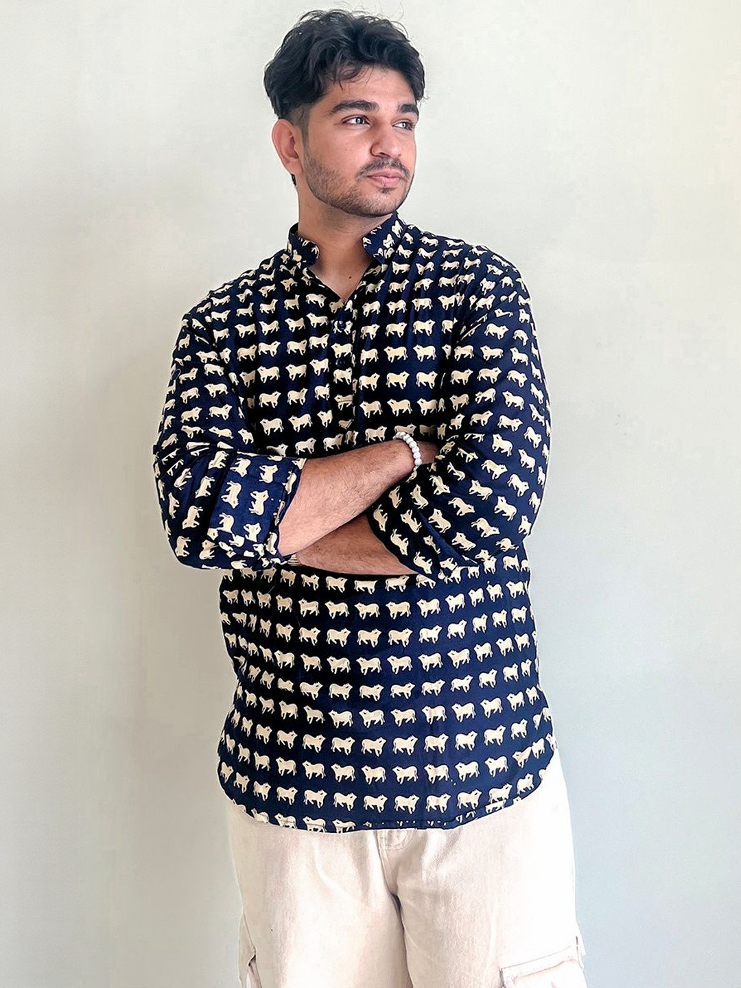 Disha R Dot Animal Printed Pure Cotton Mandarin Collar Straight Short Kurta