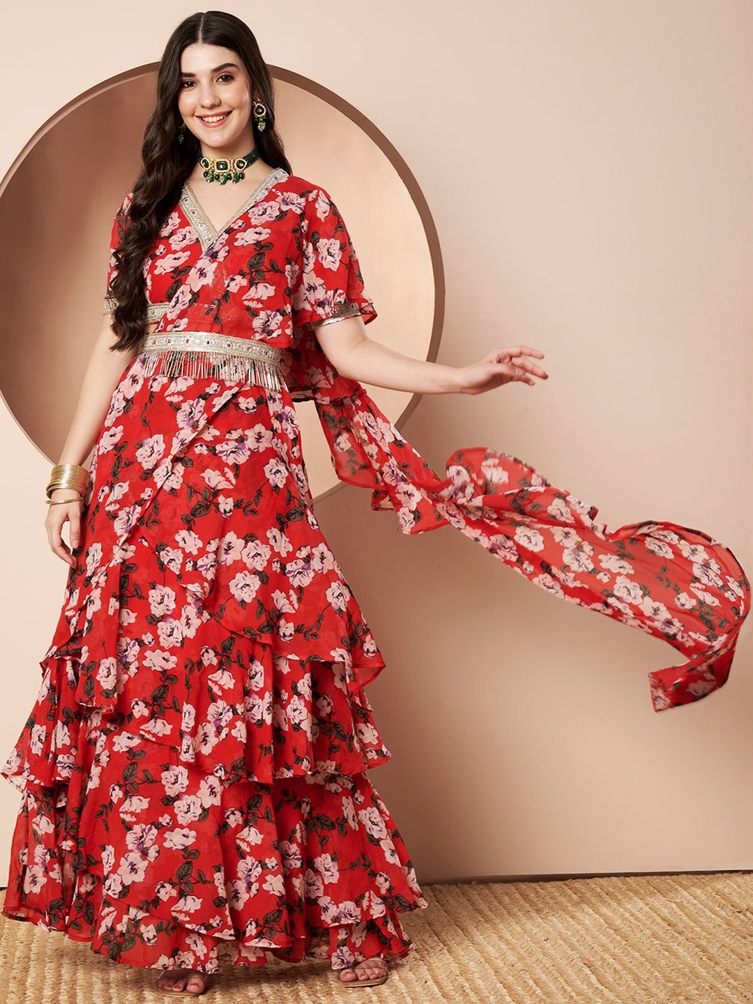 Shades of Sabi Tikhi Mirchi Floral Printed Embellished Pure Georgette Draped Saree