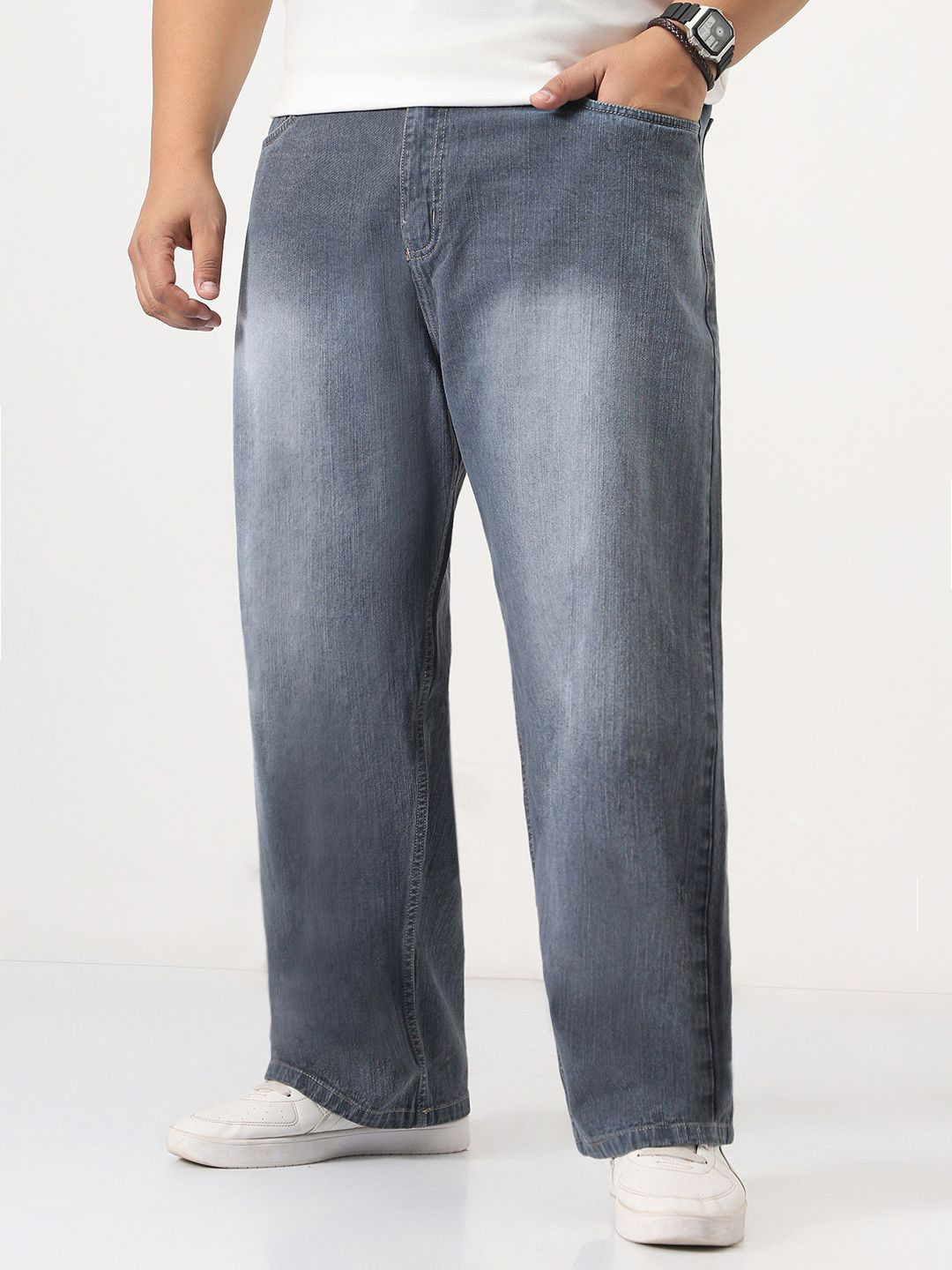 Urbano Plus Men Grey Loose Baggy Fit Washed Denim Non-Stretchable Jeans