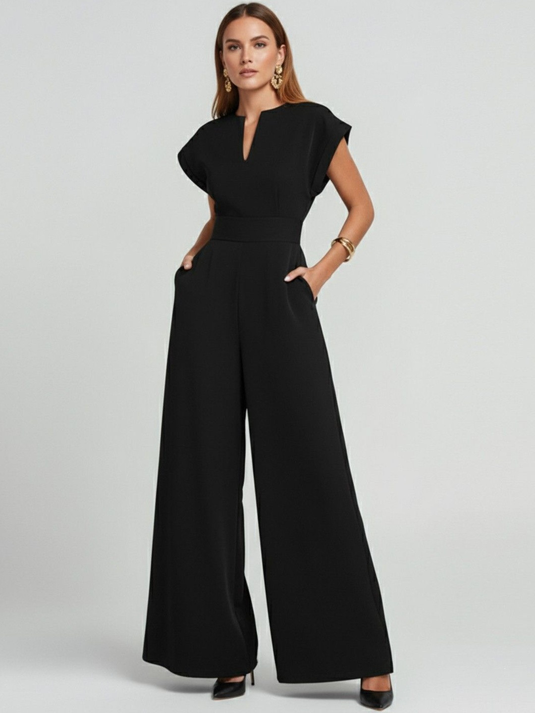 HERE&NOW Women High Waist V-Neck Wide Leg Jumpsuit
