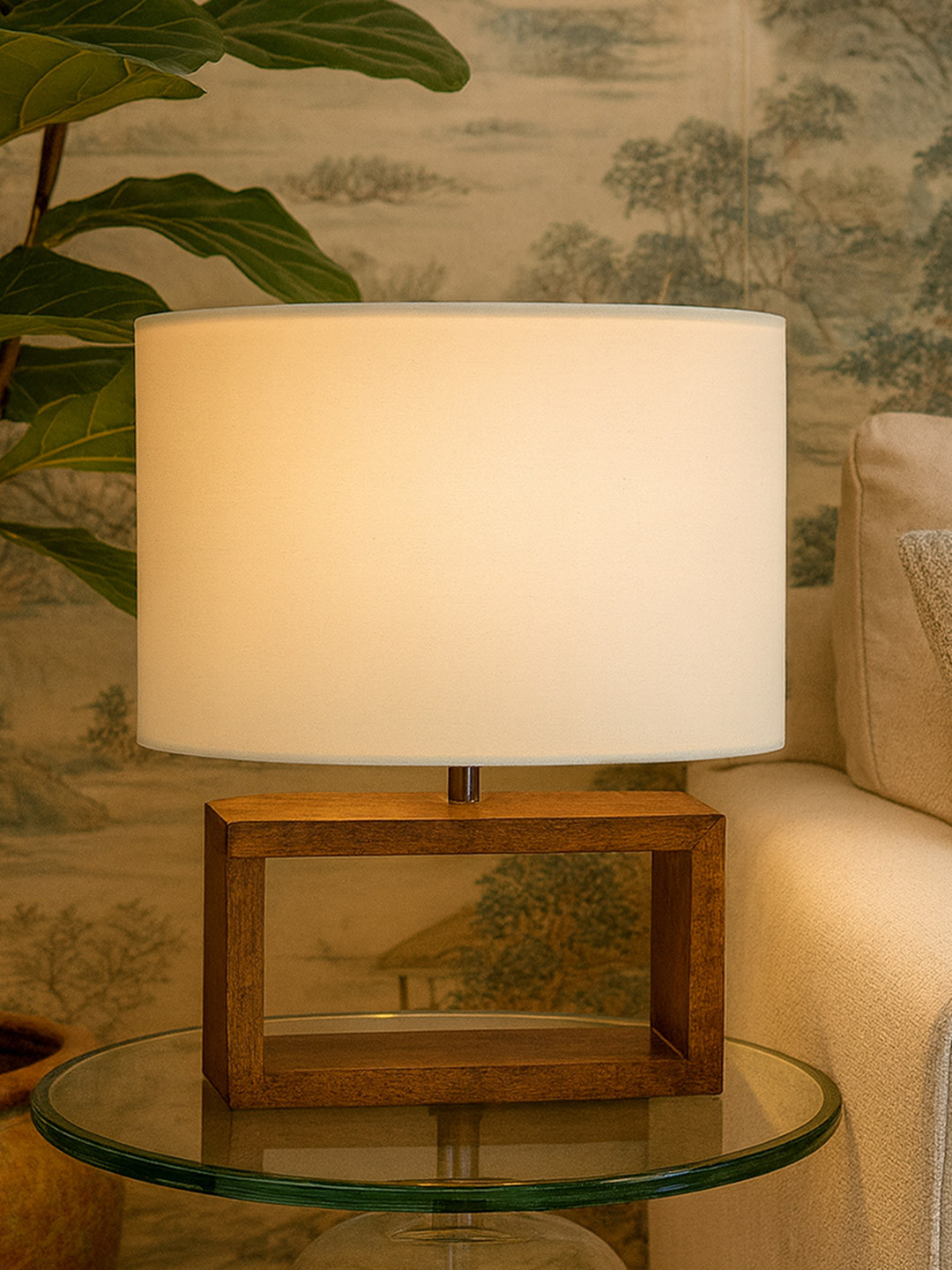 Homesake White & Brown Walnut Rectangle Wood Table Lamp With Oval White Shade LED Bulb