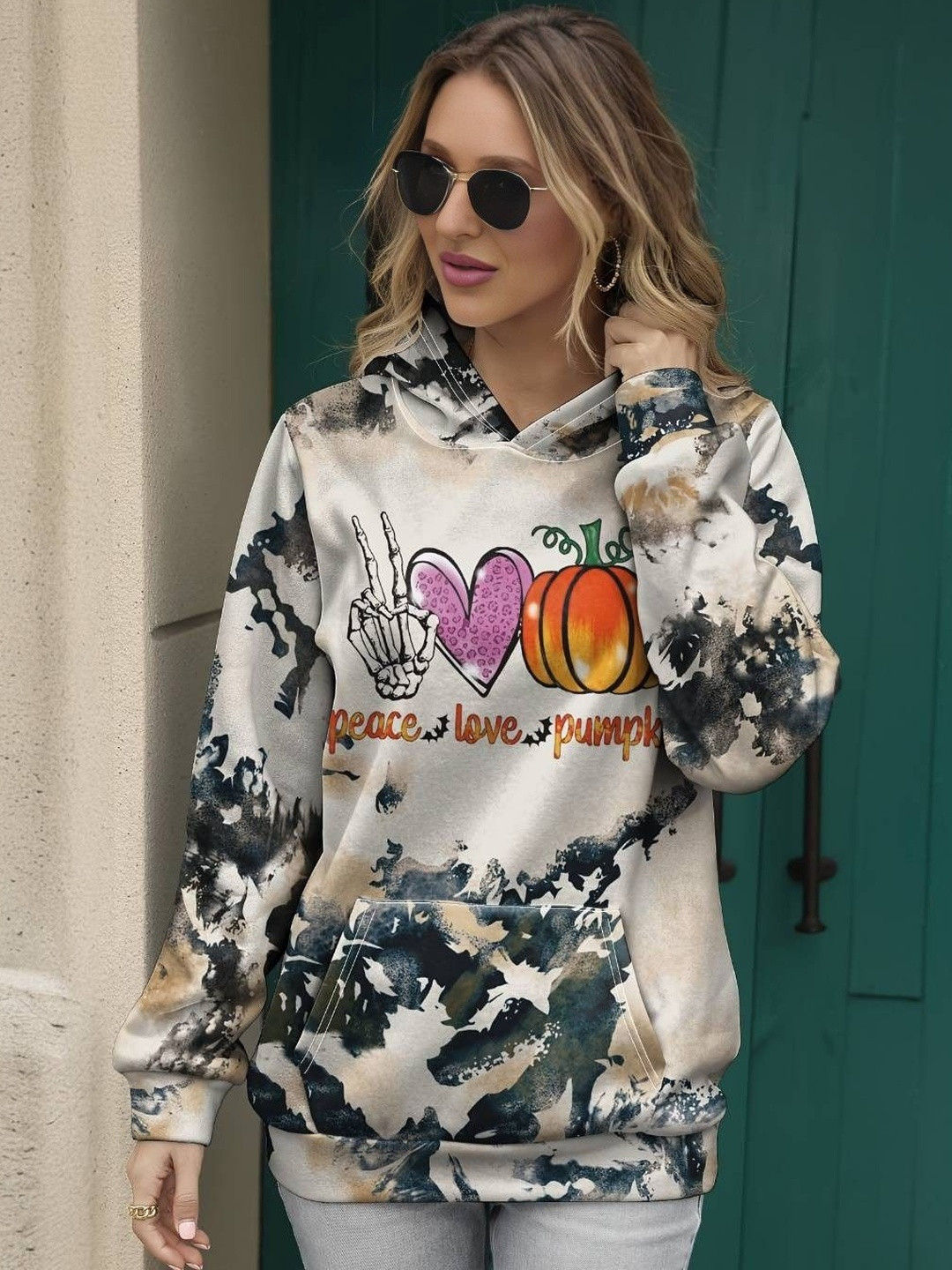 Women's Cream Printed Hooded Sweatshirt
