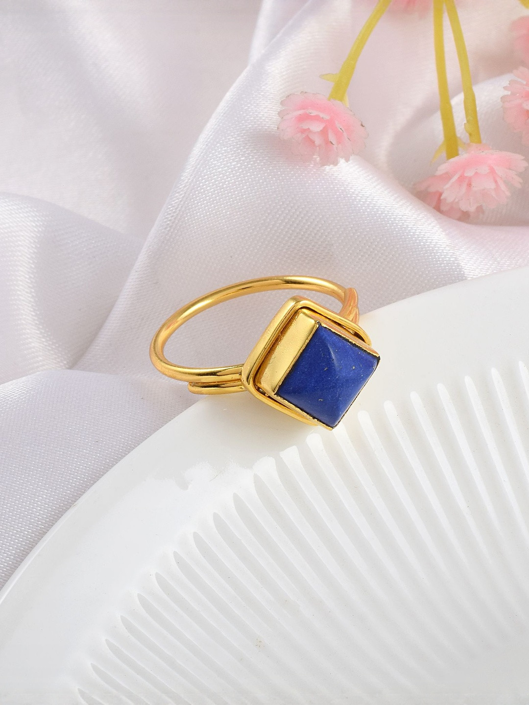 DZINETRENDZ Gold Plated Natural Lapis Lazuli Astrology Rashi Ratna Finger Ring