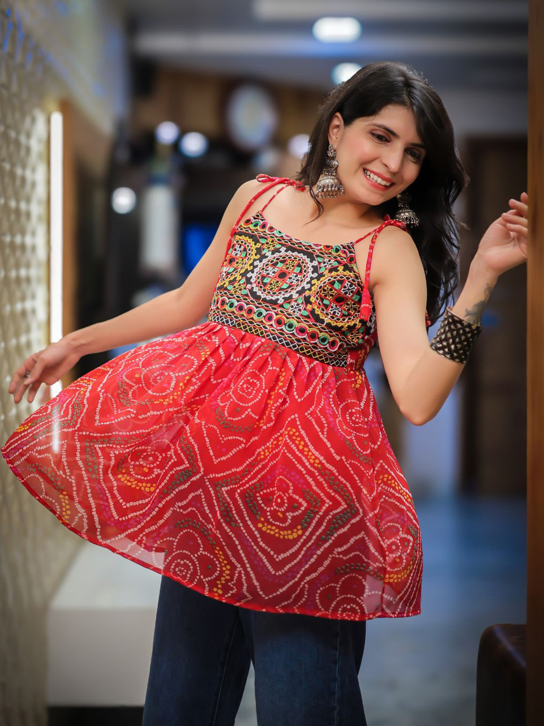 Youthnic Women Bandhani Embroidered Shoulder Knot Flared Pure Georgette Short Kurti