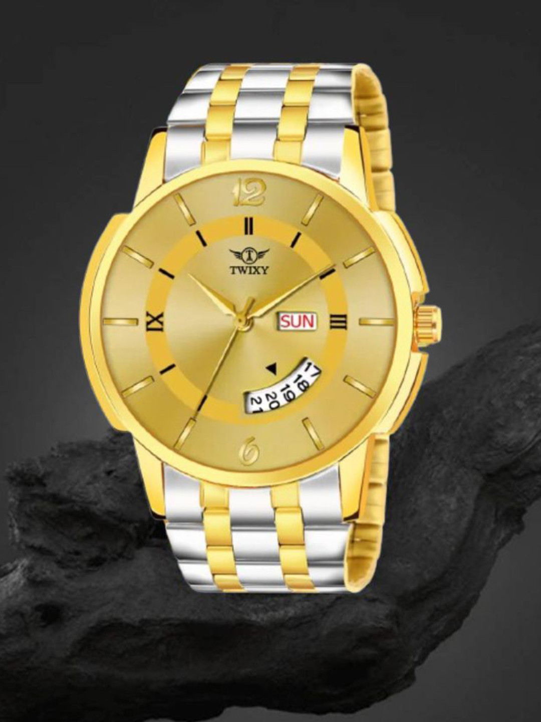 TWIXY Men Brass Dial & Stainless Steel Straps Analogue Watch TYW-J16-1 T-T GOLD