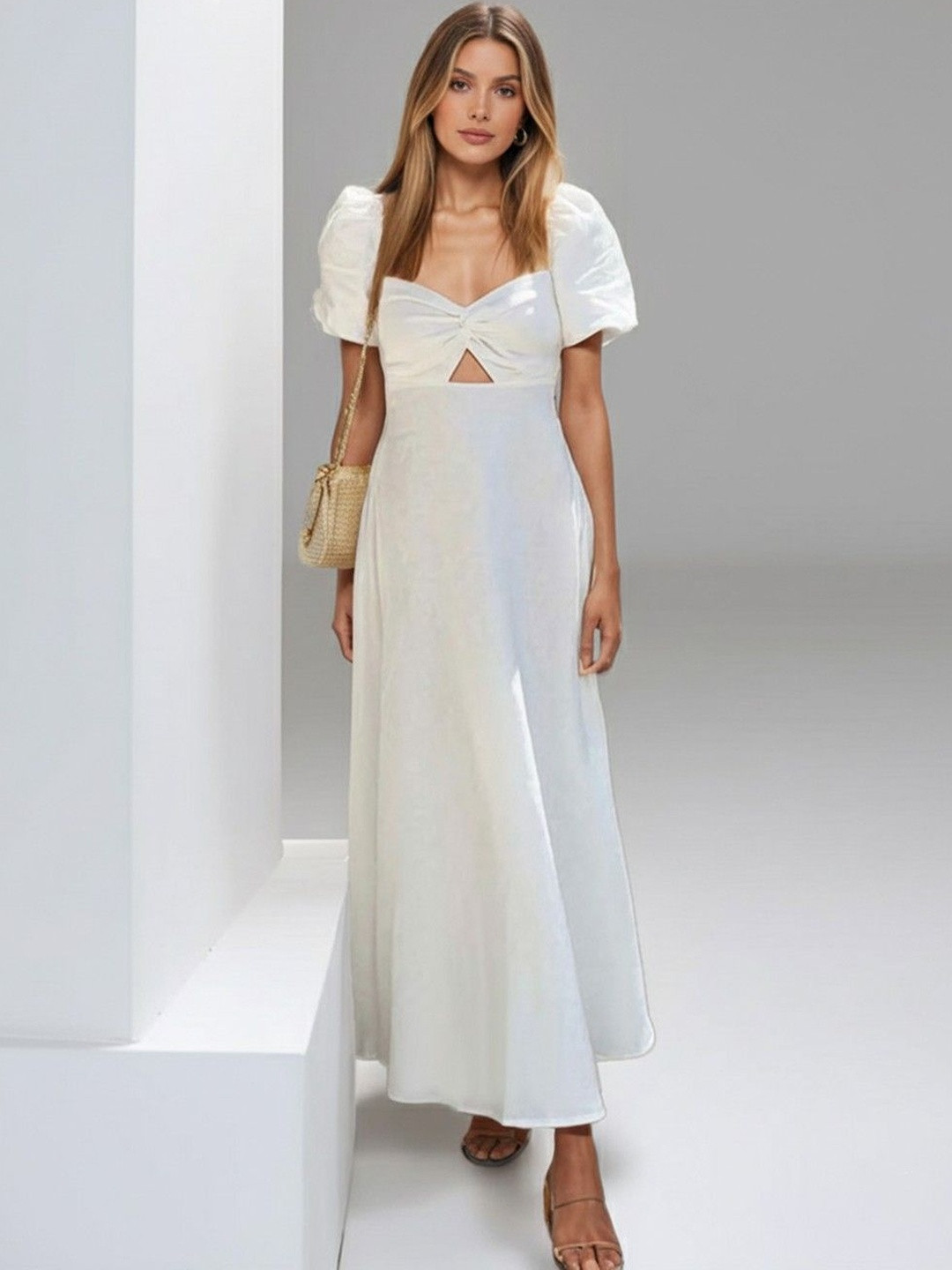 HERE&NOW Women Solid Puff Sleeves Swing waist Maxi dress