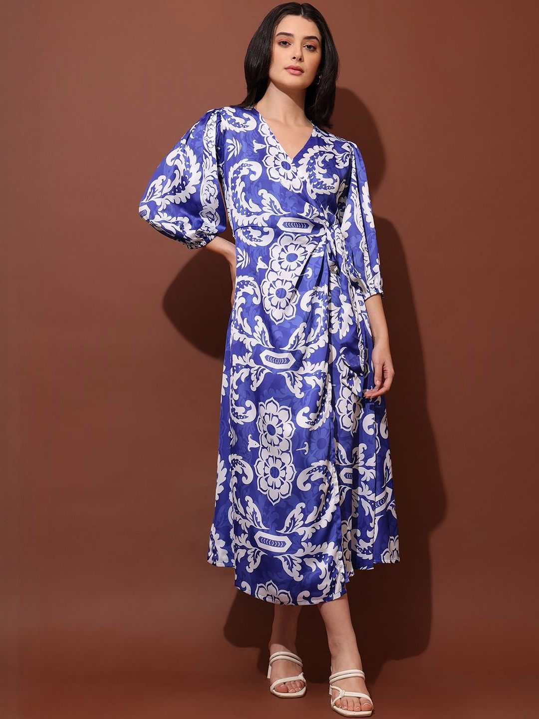 Printed Blue Wrap Dress