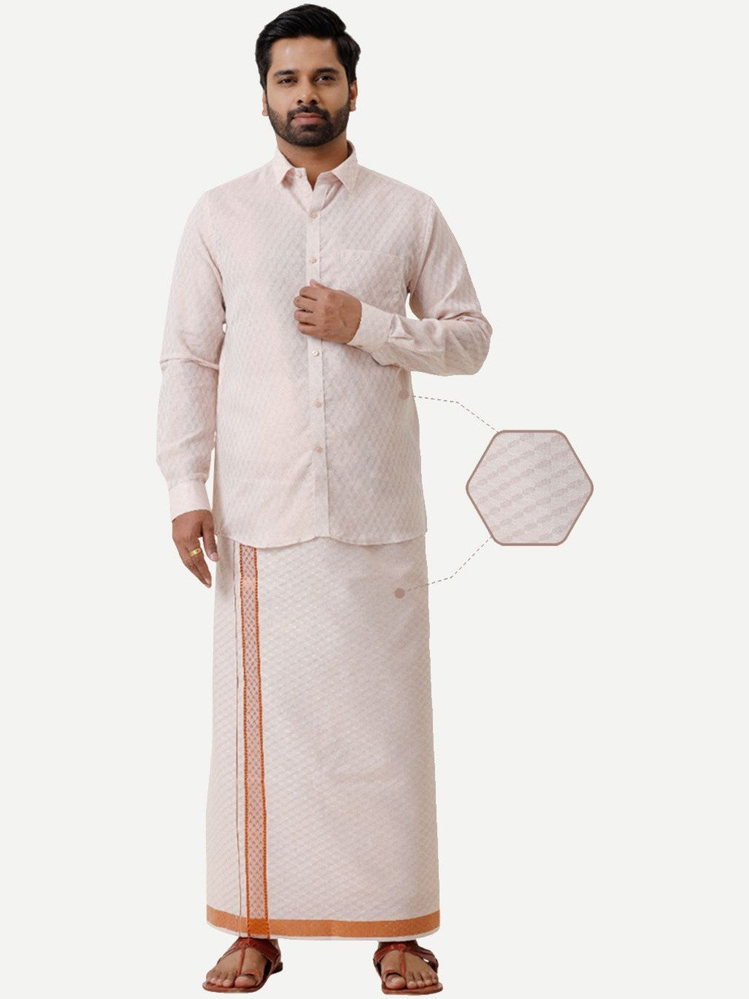 UATHAYAM Men Copper Diamond Design Full Sleeve Shirt & Single Tissue Dhoti Set