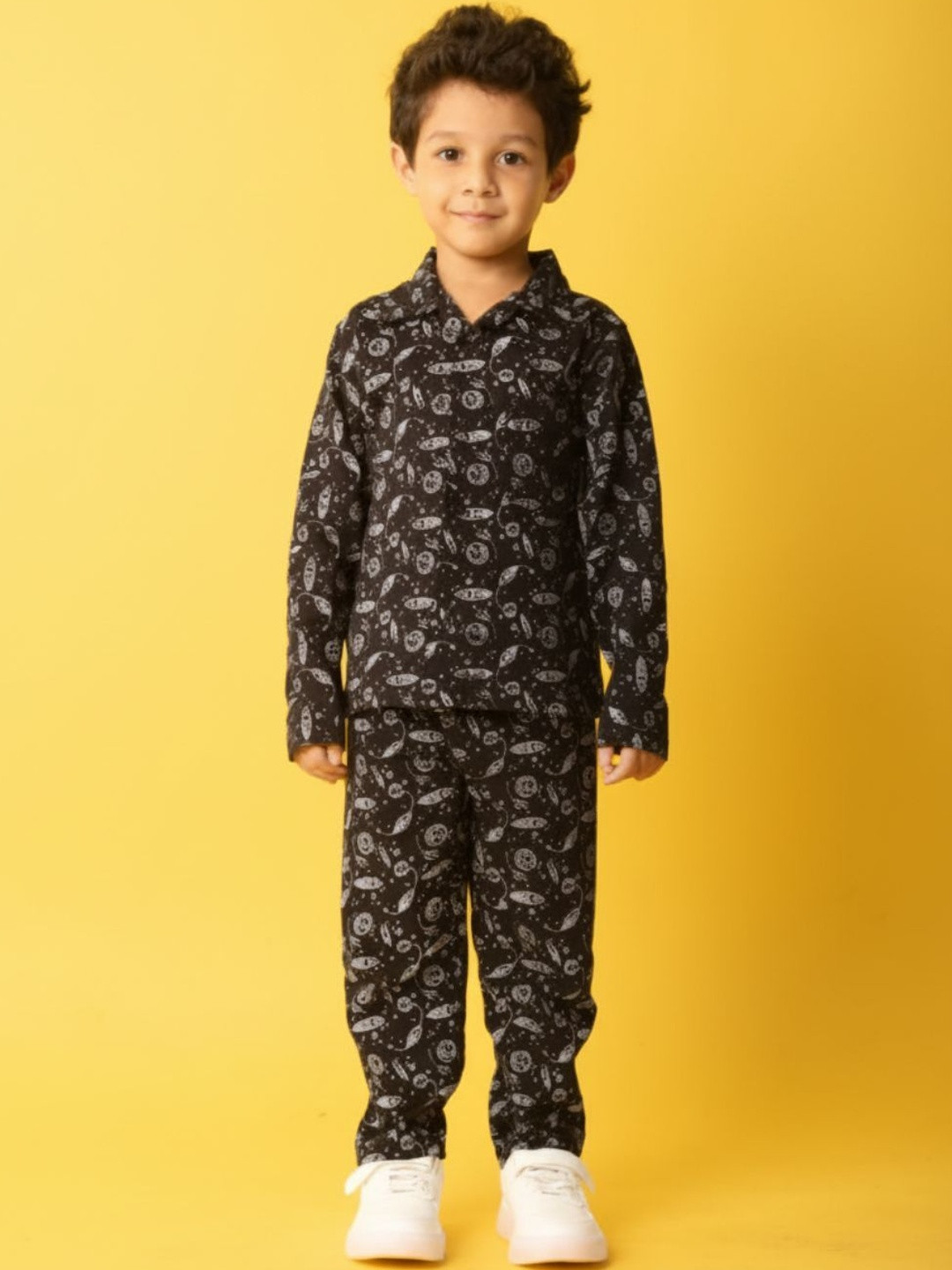 Jam & Sugar Boys Black Printed Shirt Collar Cotton T-Shirt & Pyjama Night Suit