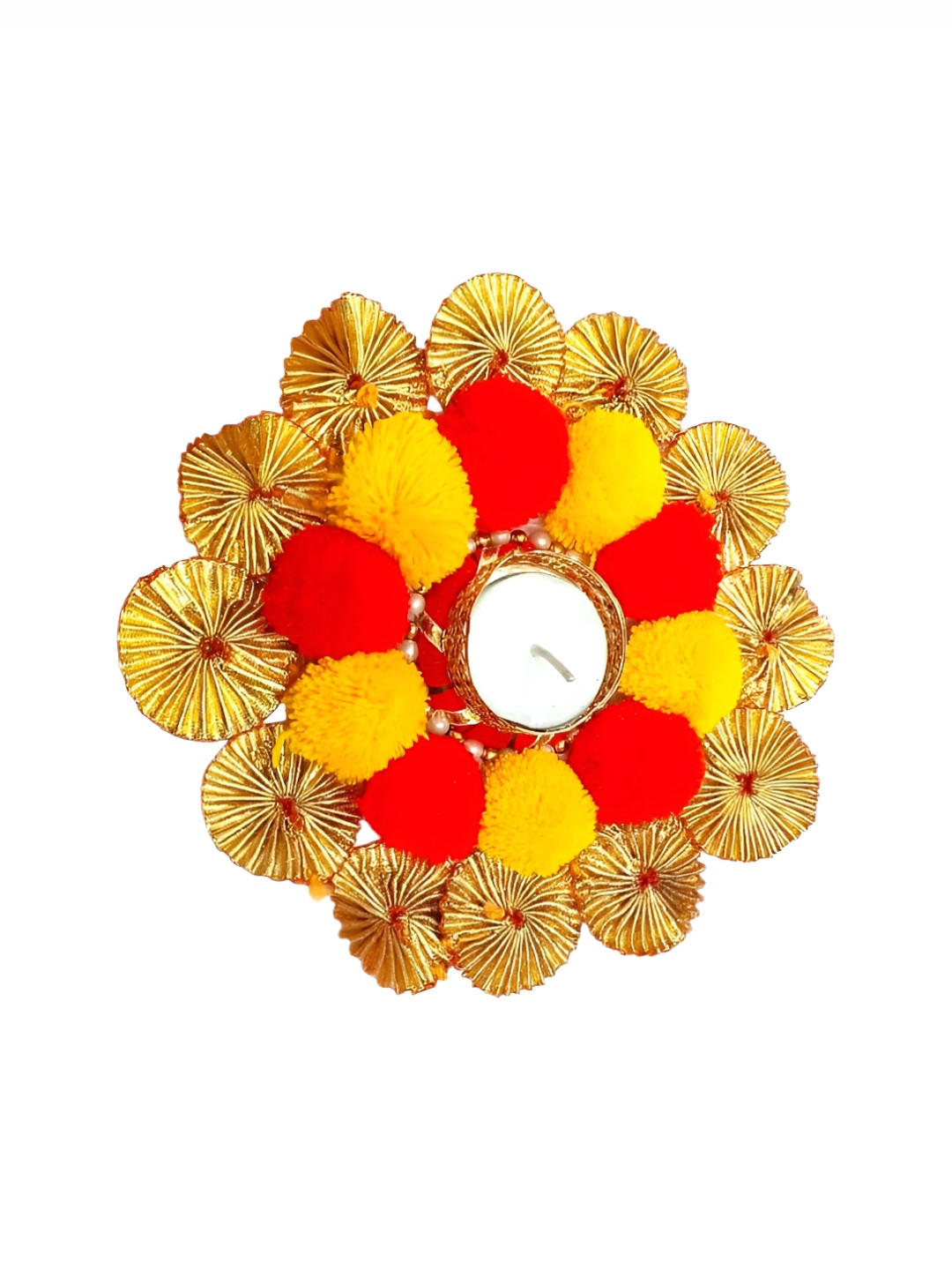PUFFSMART Red & Yellow Pom Pom Design Candle Holder With Candle