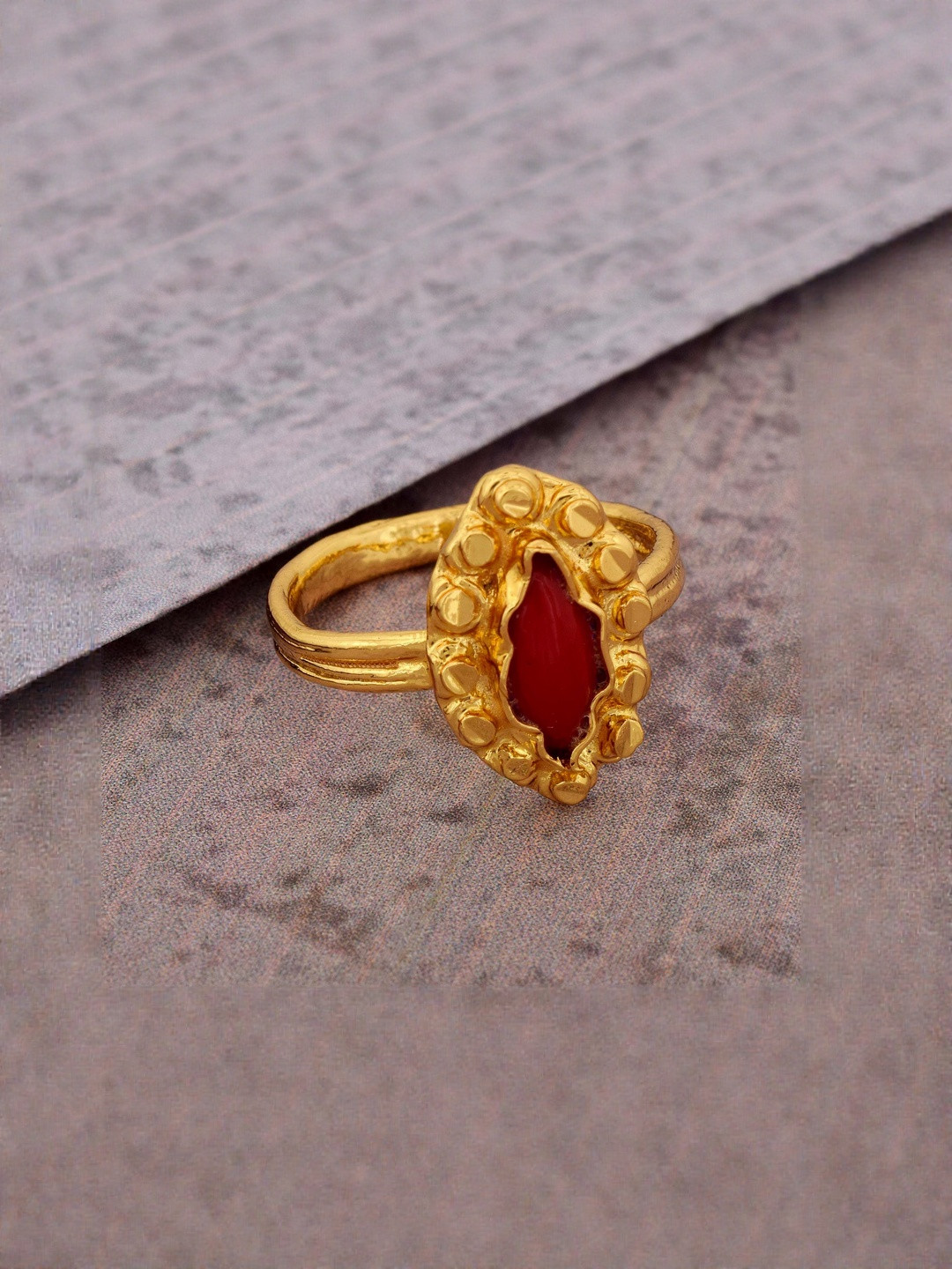 Gold plated, Faux Ruby Studded, Marquoise shape finger ring
