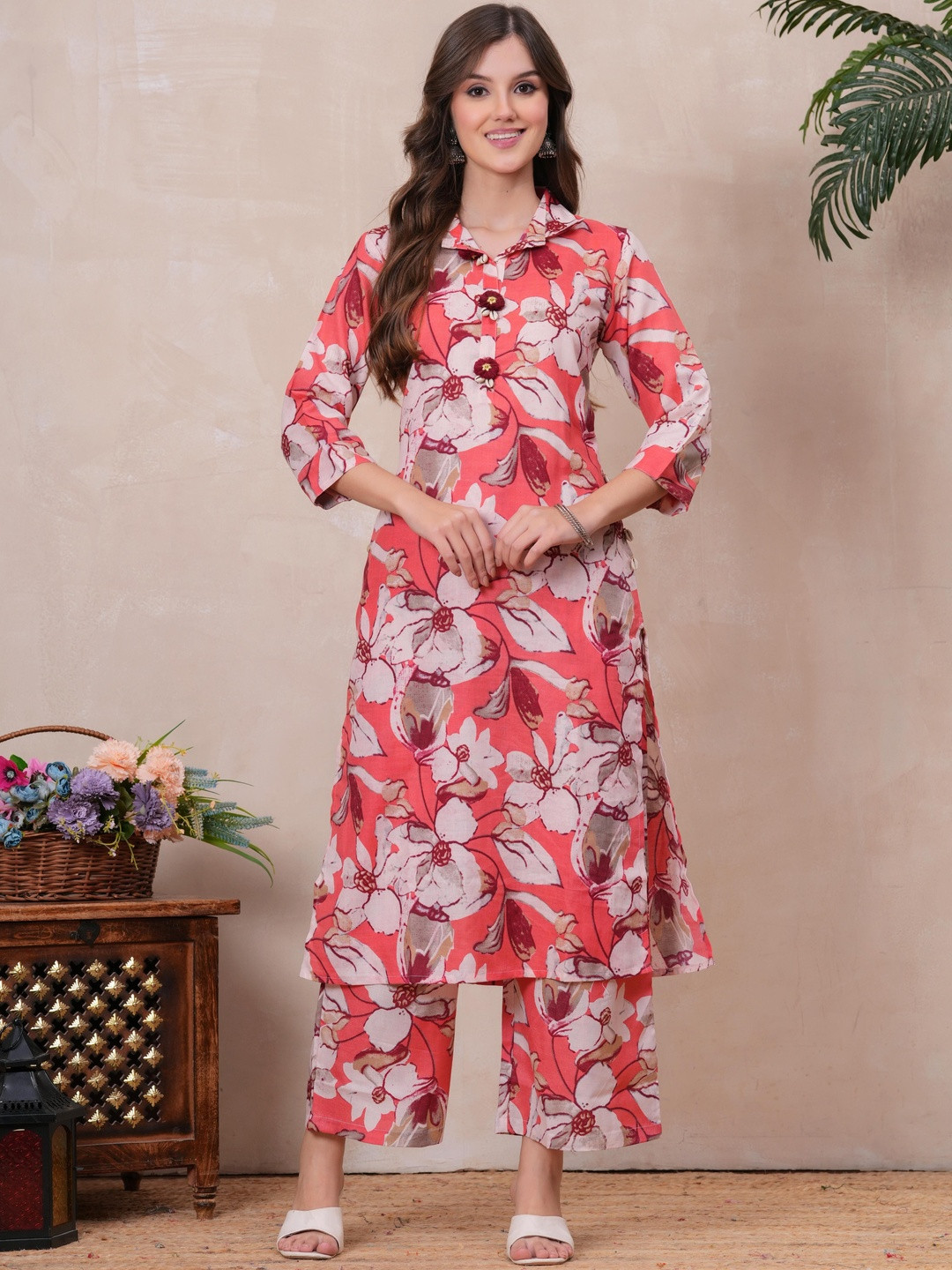 KALINI Women Red Cotton Floral Printed Viscose Rayon Coords Set