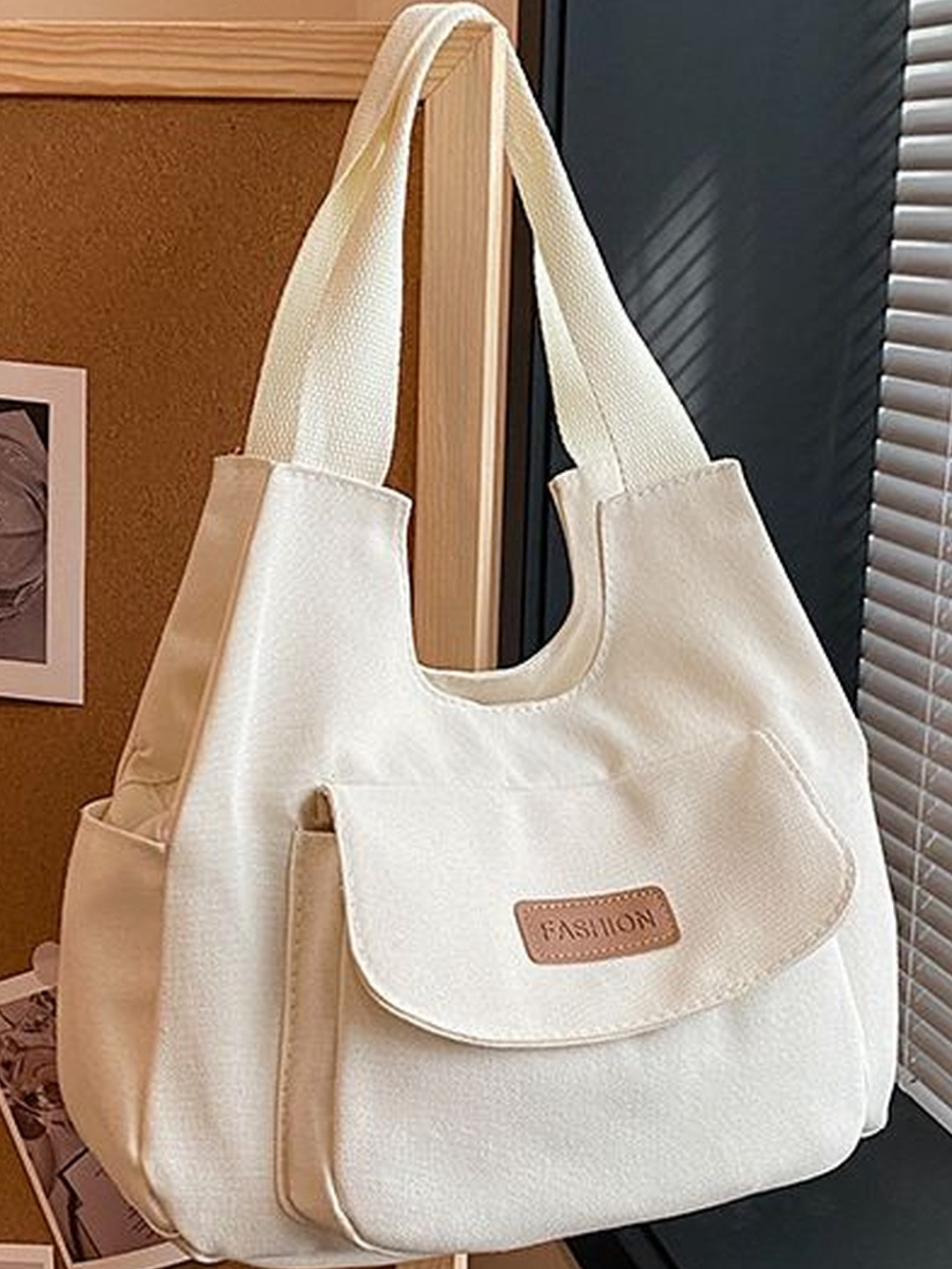 CORSICA Women Beige Canvas Flap Pocket On Front Shoulder Bag
