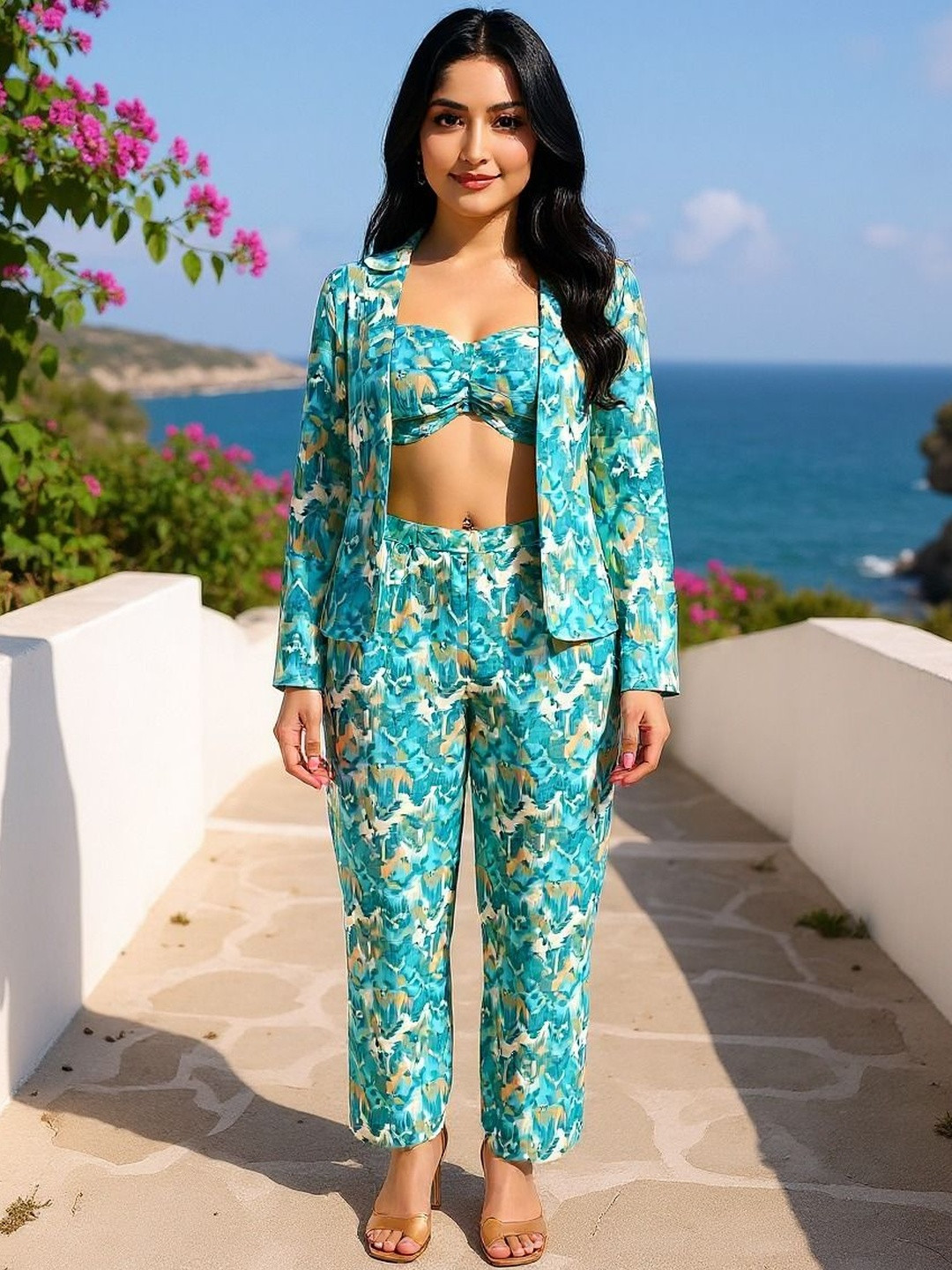 Moda Rapido Women Turquoise Viscose Rayon Printed 3 Piece Co-Ords