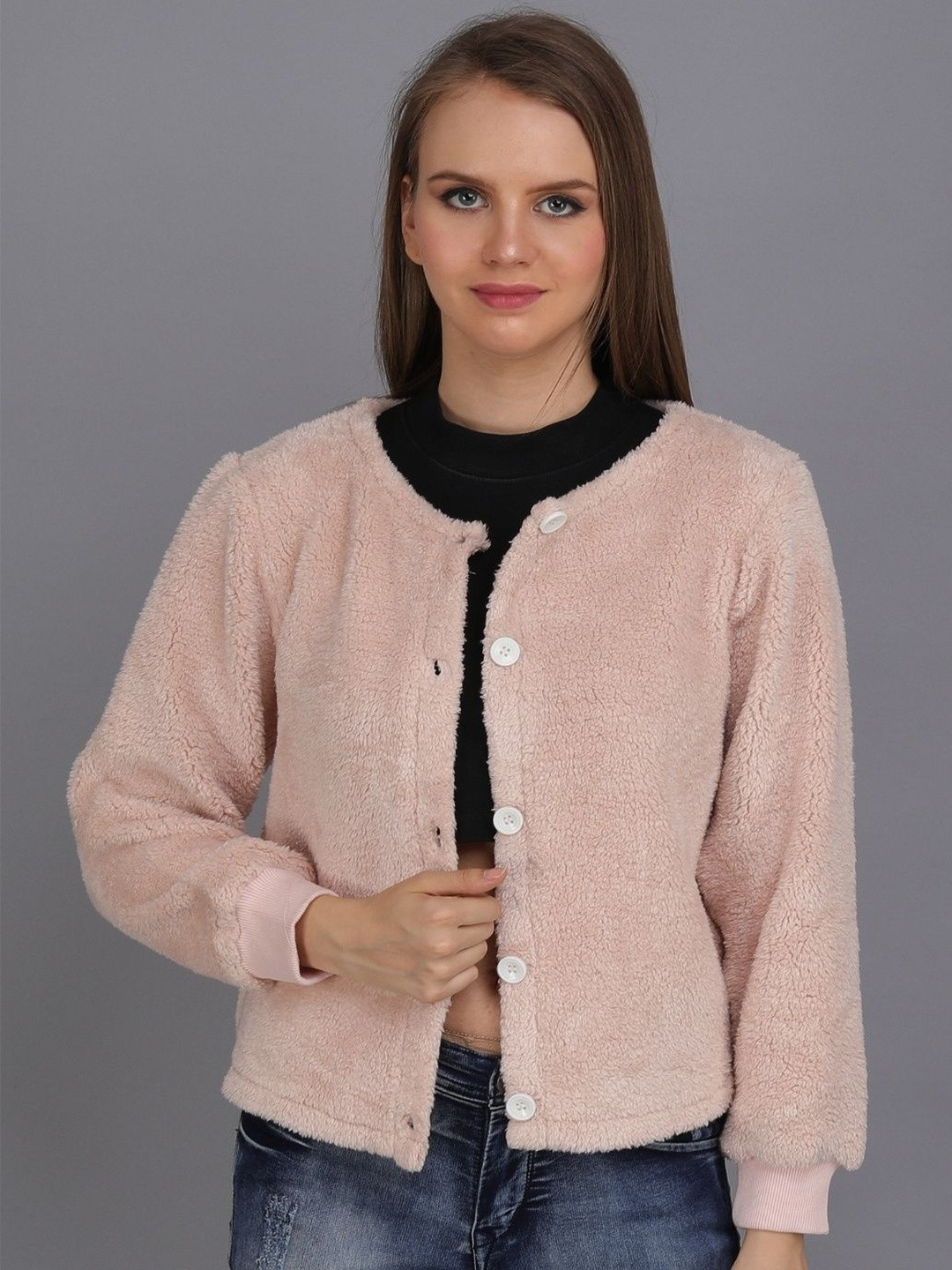CORSICA Women Light Pink Solid Collarless Faux Fur Tailored Jacket