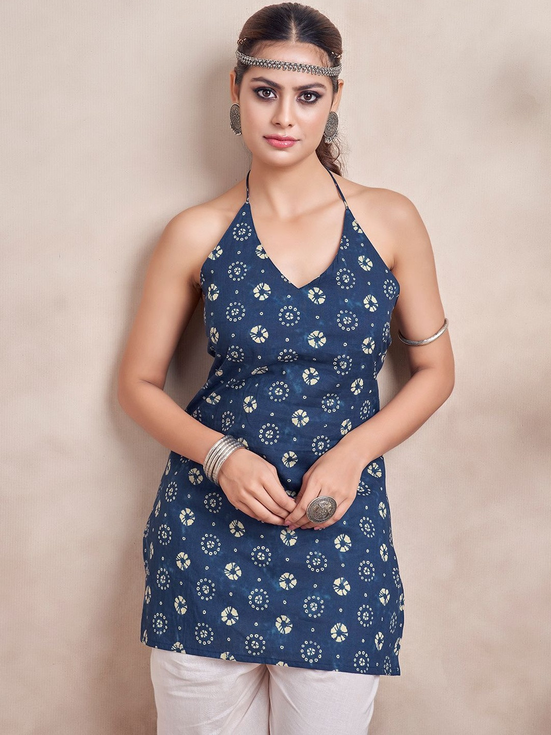 Kalini Women Floral Printed Halter Neck Pure Cotton Kurti