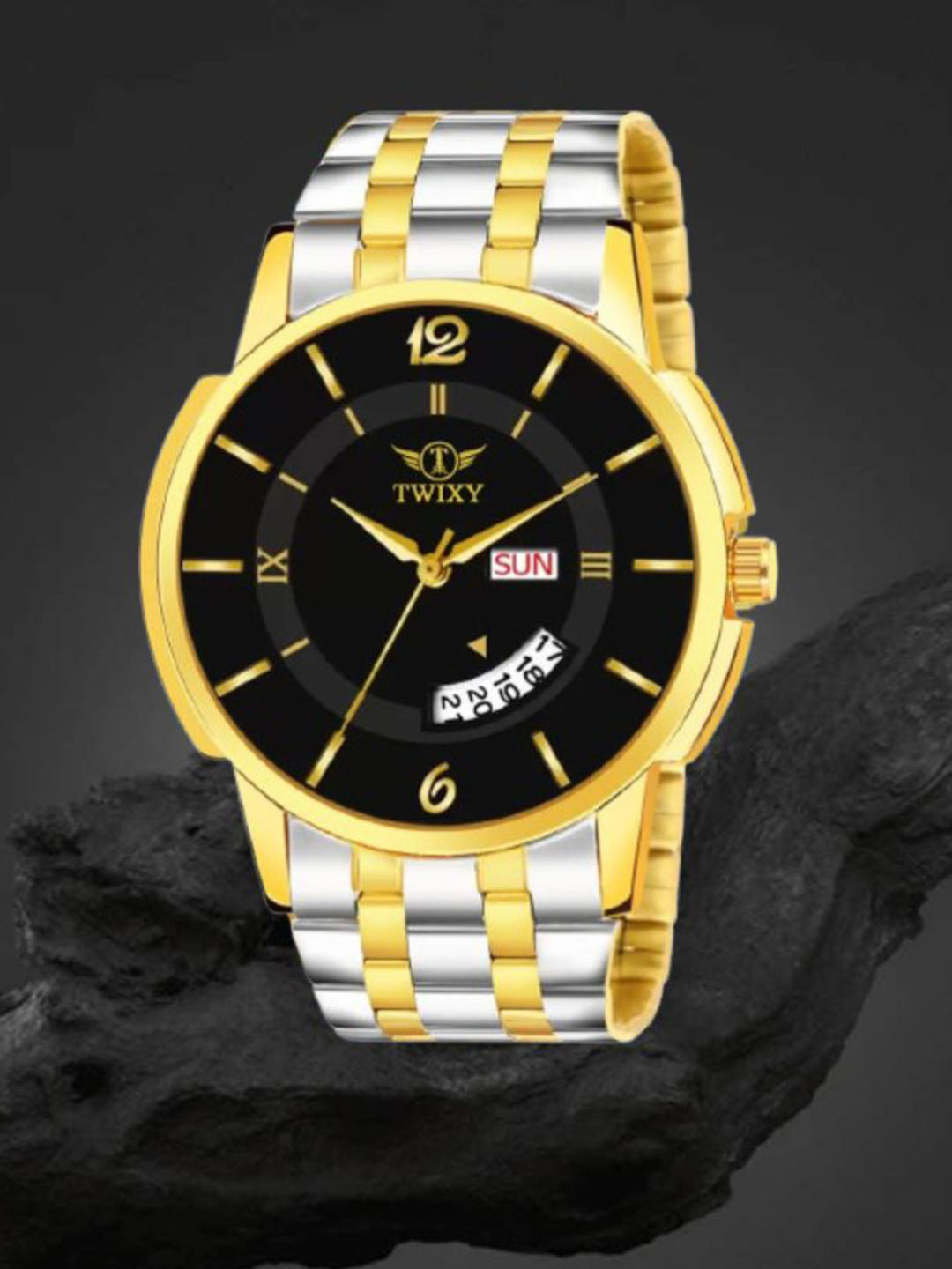 TWIXY Men Brass Dial & Stainless Steel Straps Analogue Watch TYW-J16-1 T-T BLACK