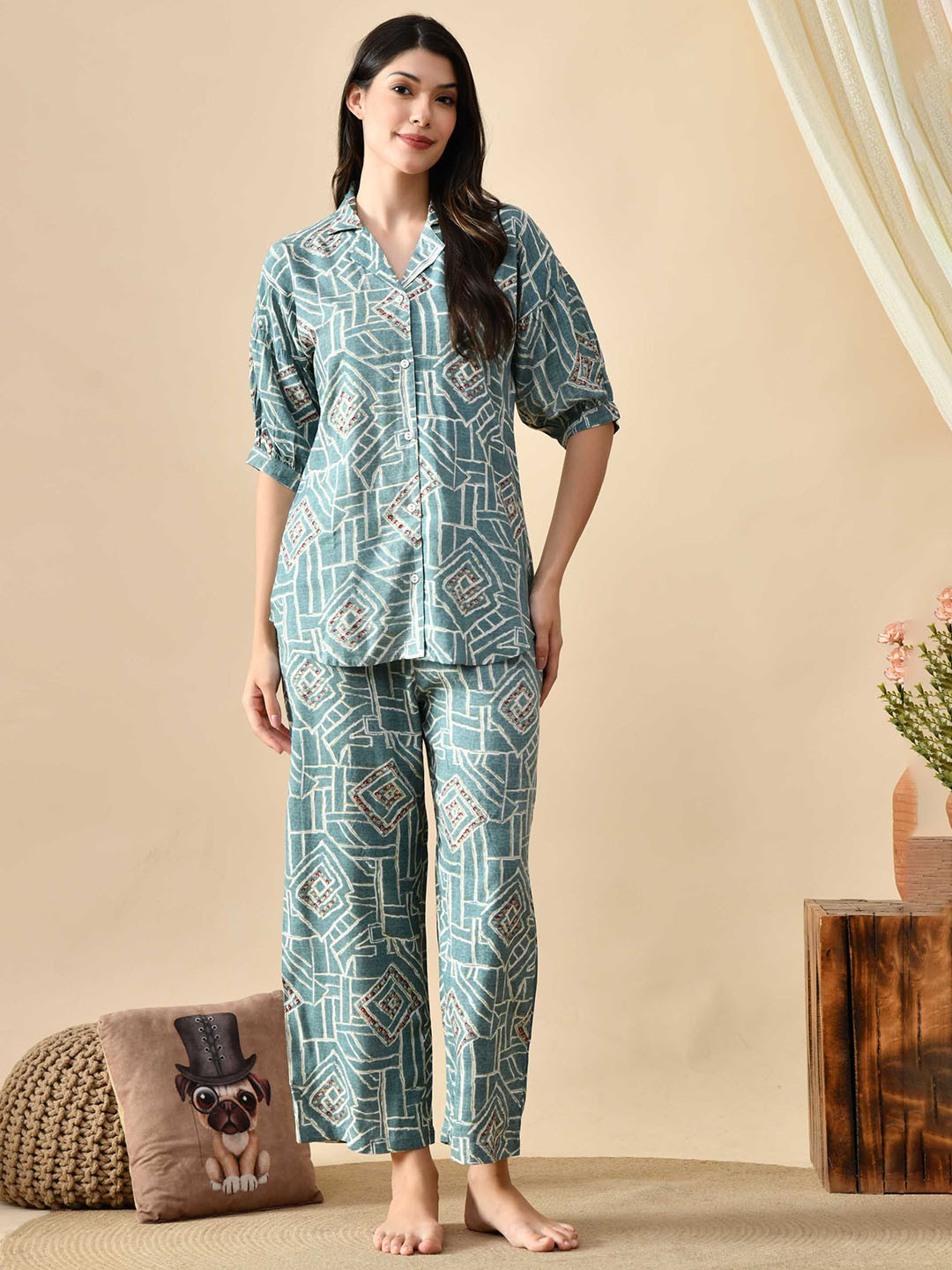 PRADHRUHE Women Printed Lapel Collar Top Slip-On Pyjamas Night suit