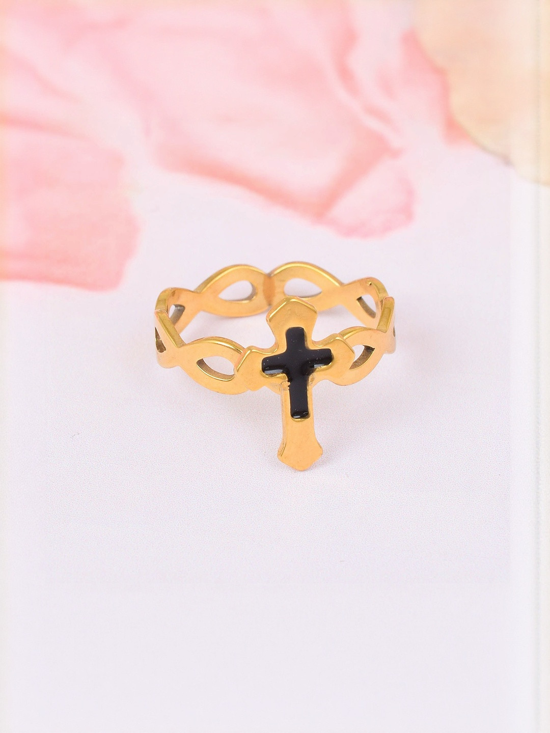 DZINETRENDZ Brass Goldplated Jesus Crucifix Cross Fingerring