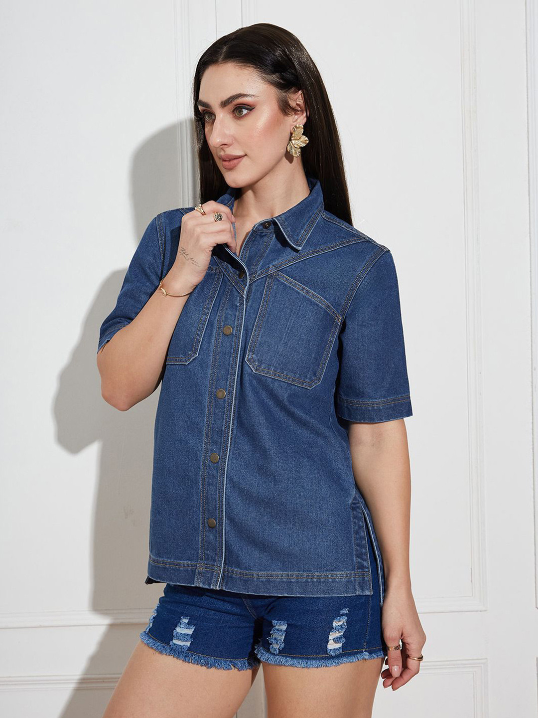 Miss Chase Women Spread Collar Half Sleeves Boxy Fit Denim Shirt