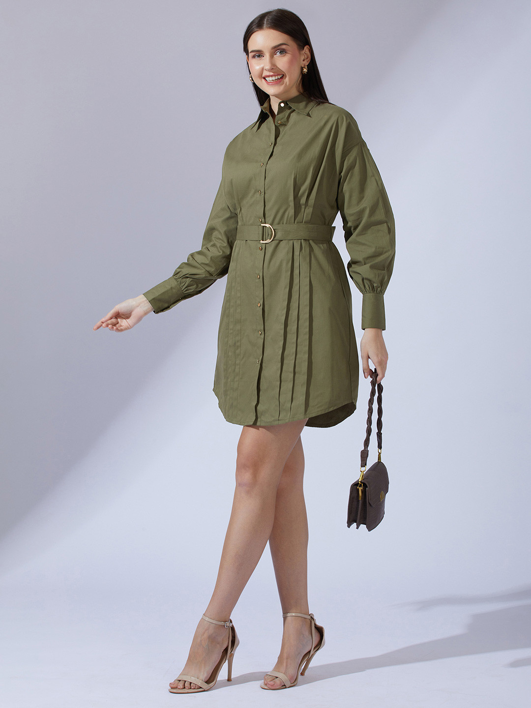 Globus Collared Neck Cuffed Sleeves Pleated Mini Workwear Shirt Dress With D-Ring Belt