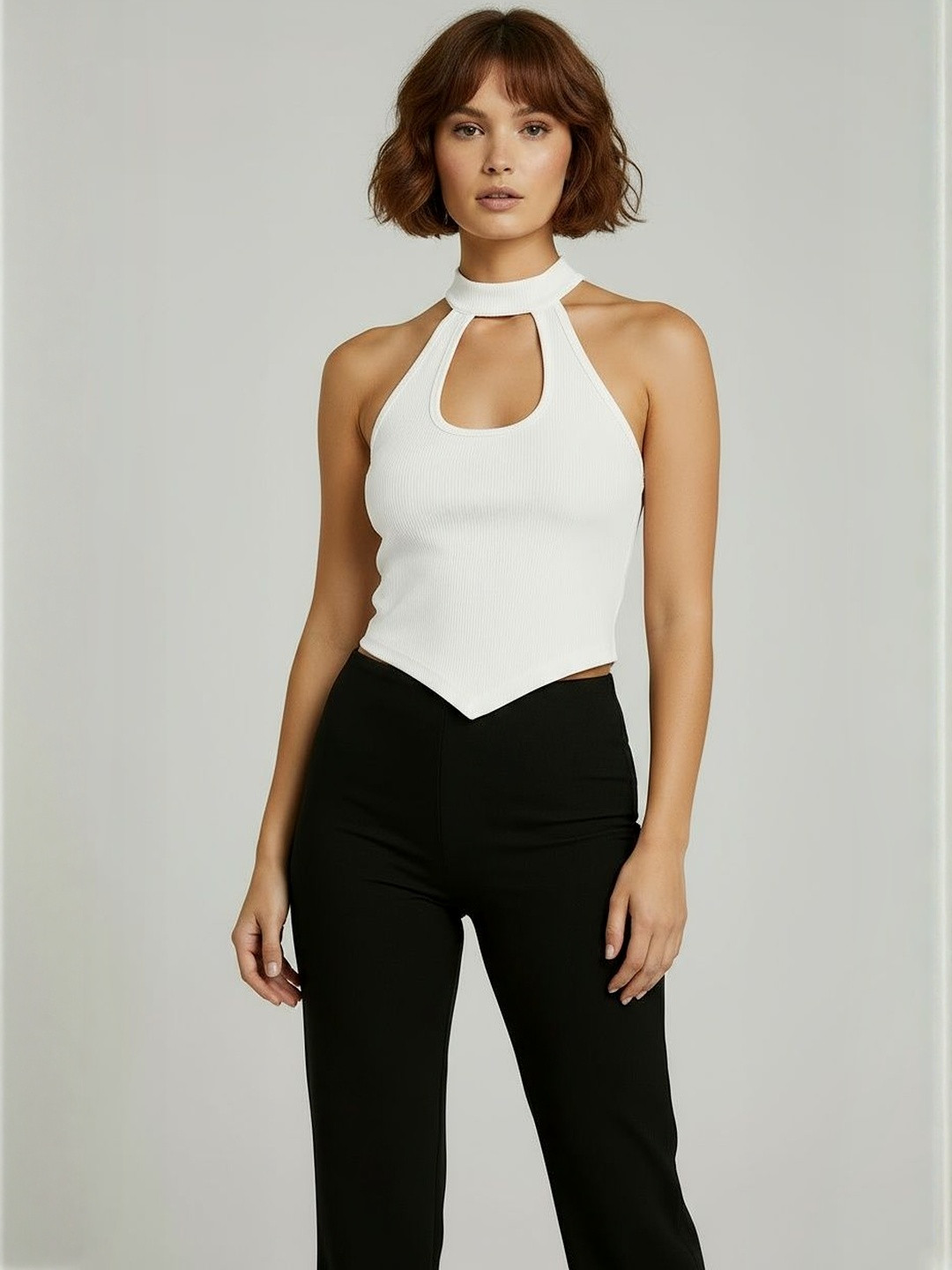 Calm Down Women Halter Neck Net Crop Top