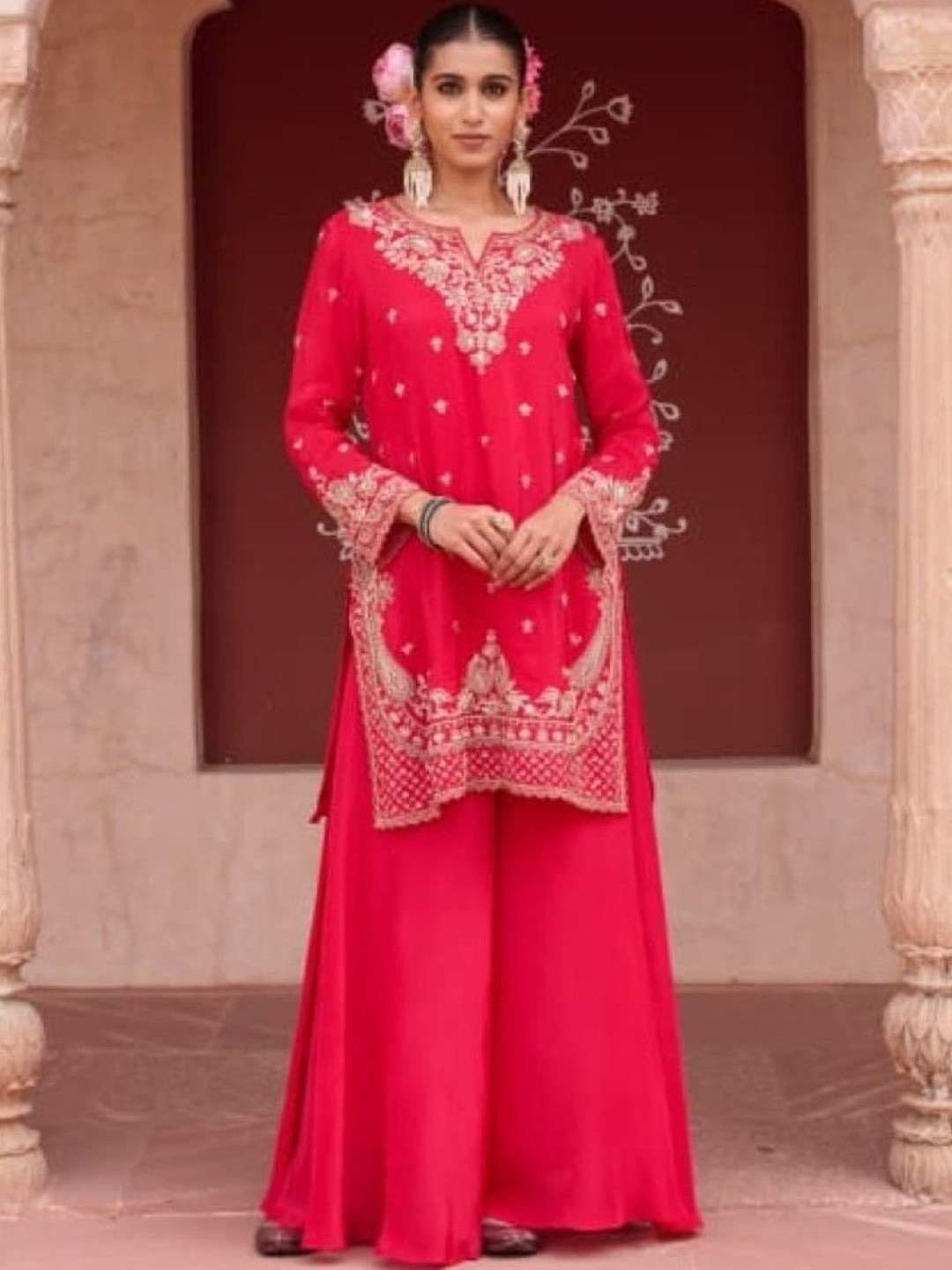 AUTUMN LANE Sangini Zarqa Ethnic Motifs Embroidered Notch Neck Straight Kurta & Palazzos