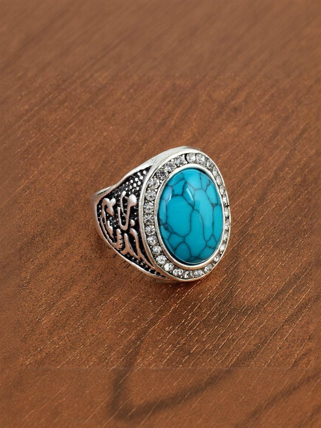 DZINETRENDZ Unisex Brass Silverplated Imitation Diamond & Turquoise Firoza Fingerring