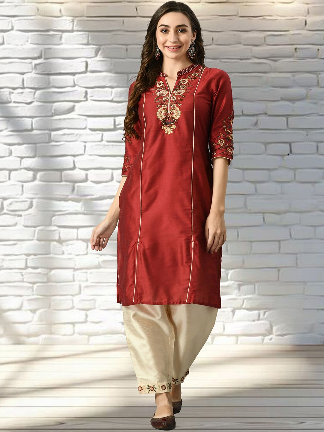 neel & ned Ethnic Motifs Embroidered Panelled Straight Kurta With Trousers & Dupatta