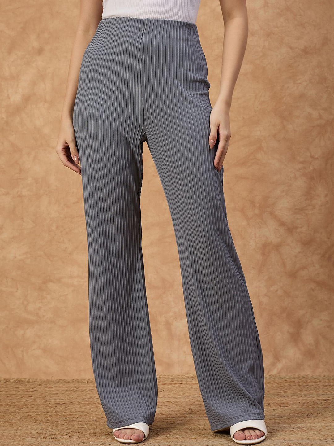 DRAPE AND DAZZLE Women Striped Relaxed Straight Leg High-Rise Trousers