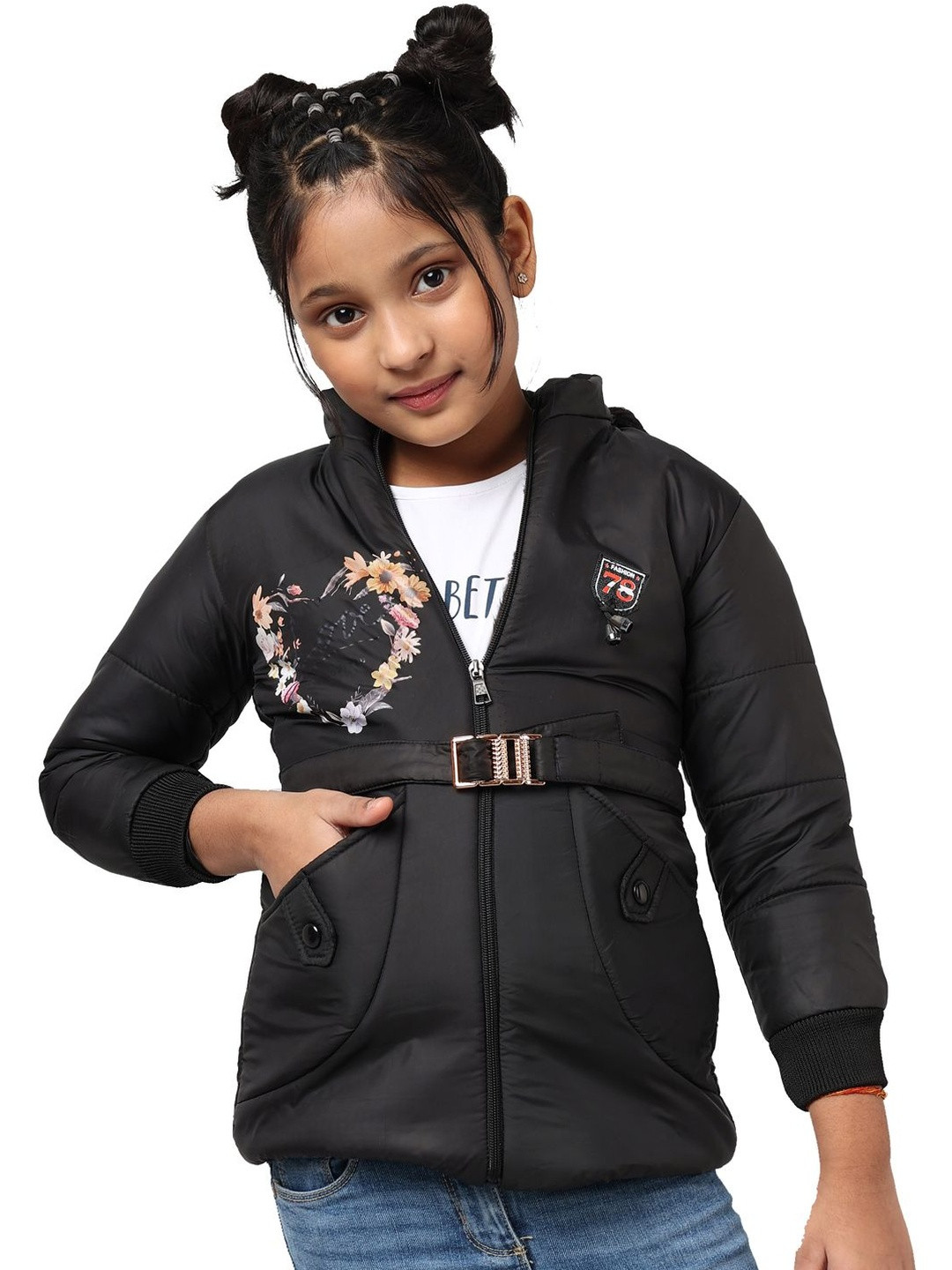 TRENDY WORLD Girls Black Printed Polyester Hodded Jacket
