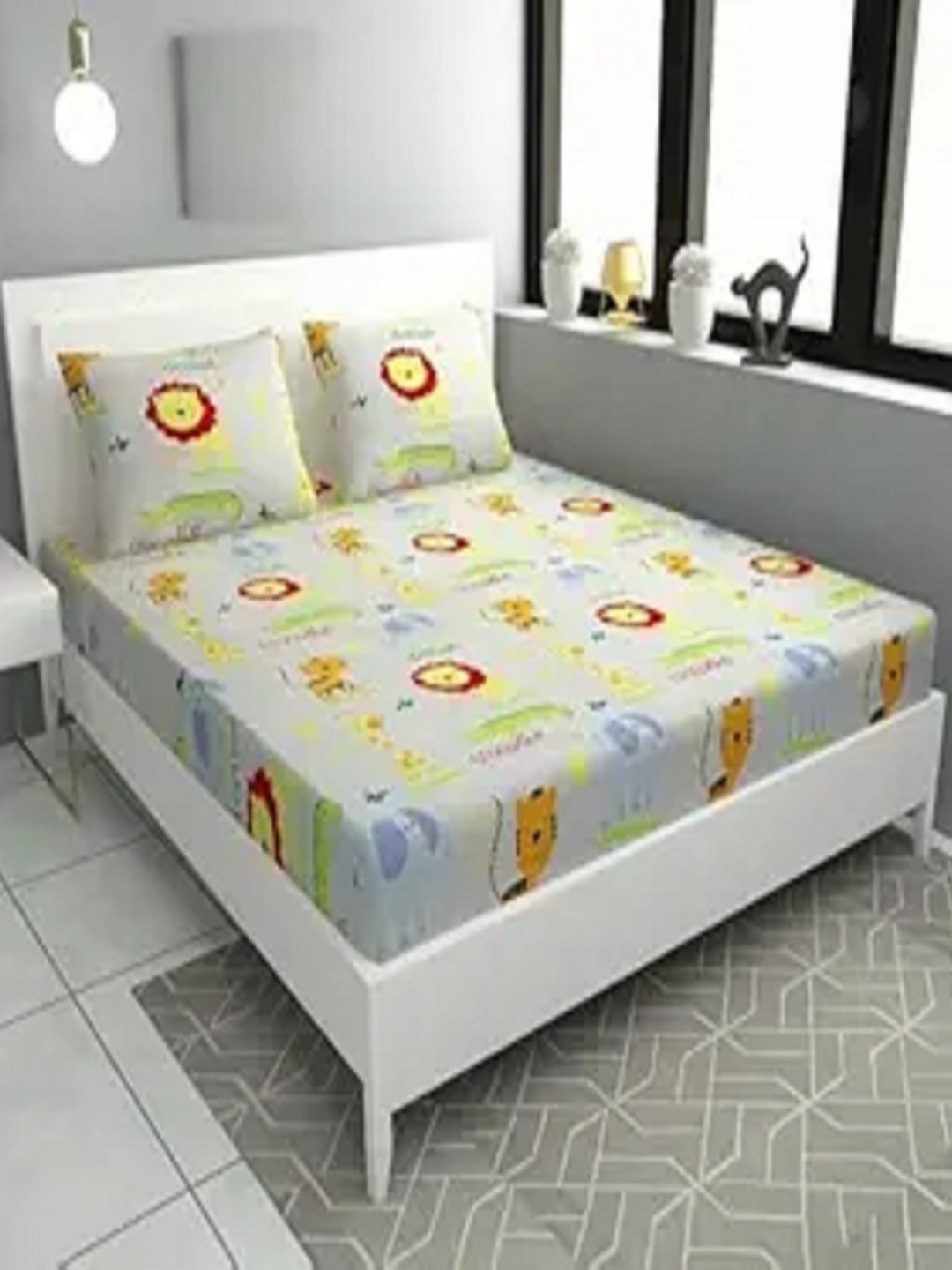 LUZDECOR Cream 240 TC Cartoon Characters Printed King Bedsheet With 2 Pillow Covers