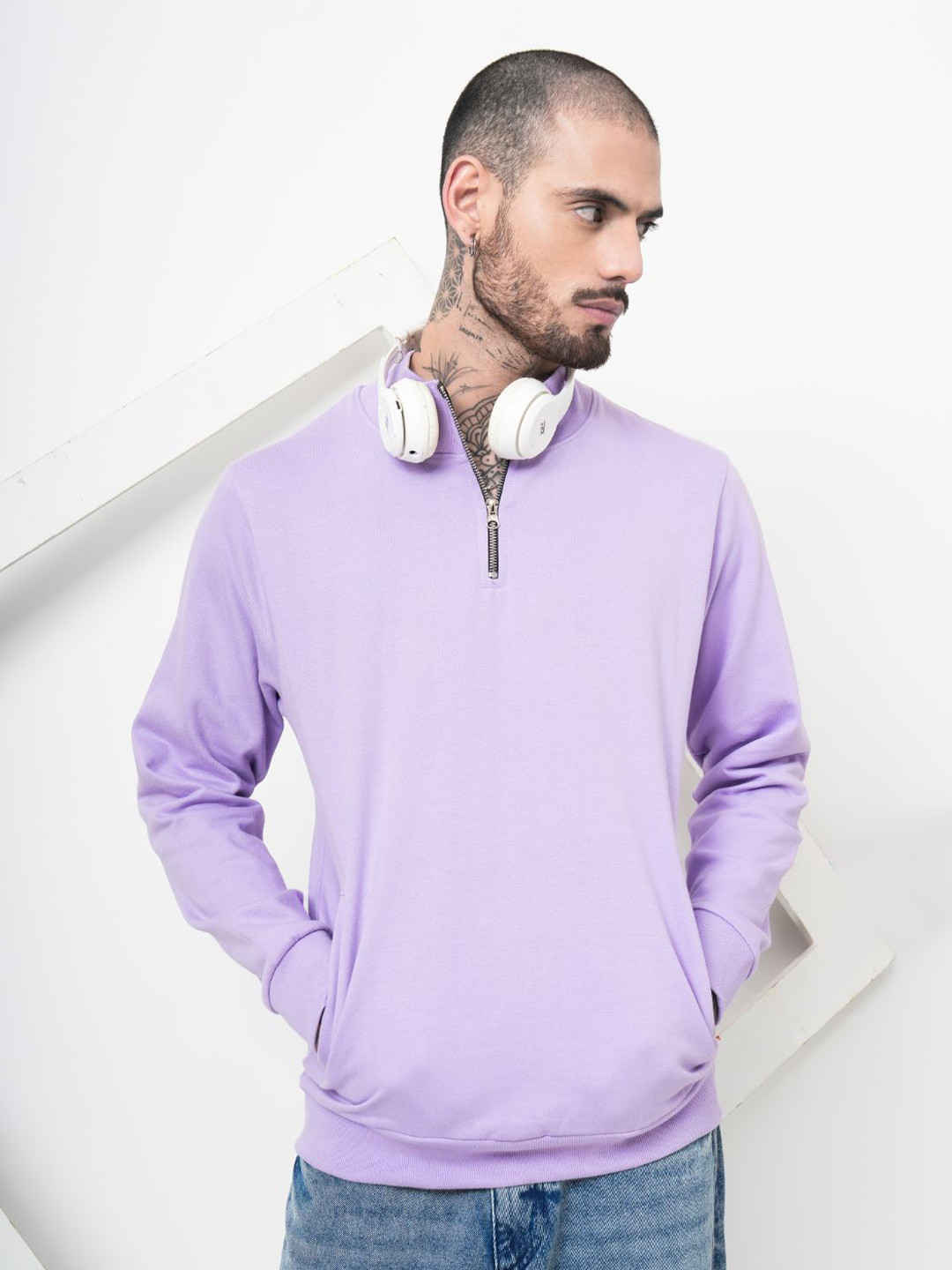 PAUL STREET Men High Neck Long Sleeves Cotton Half Zipper Pullover Sweatshirt