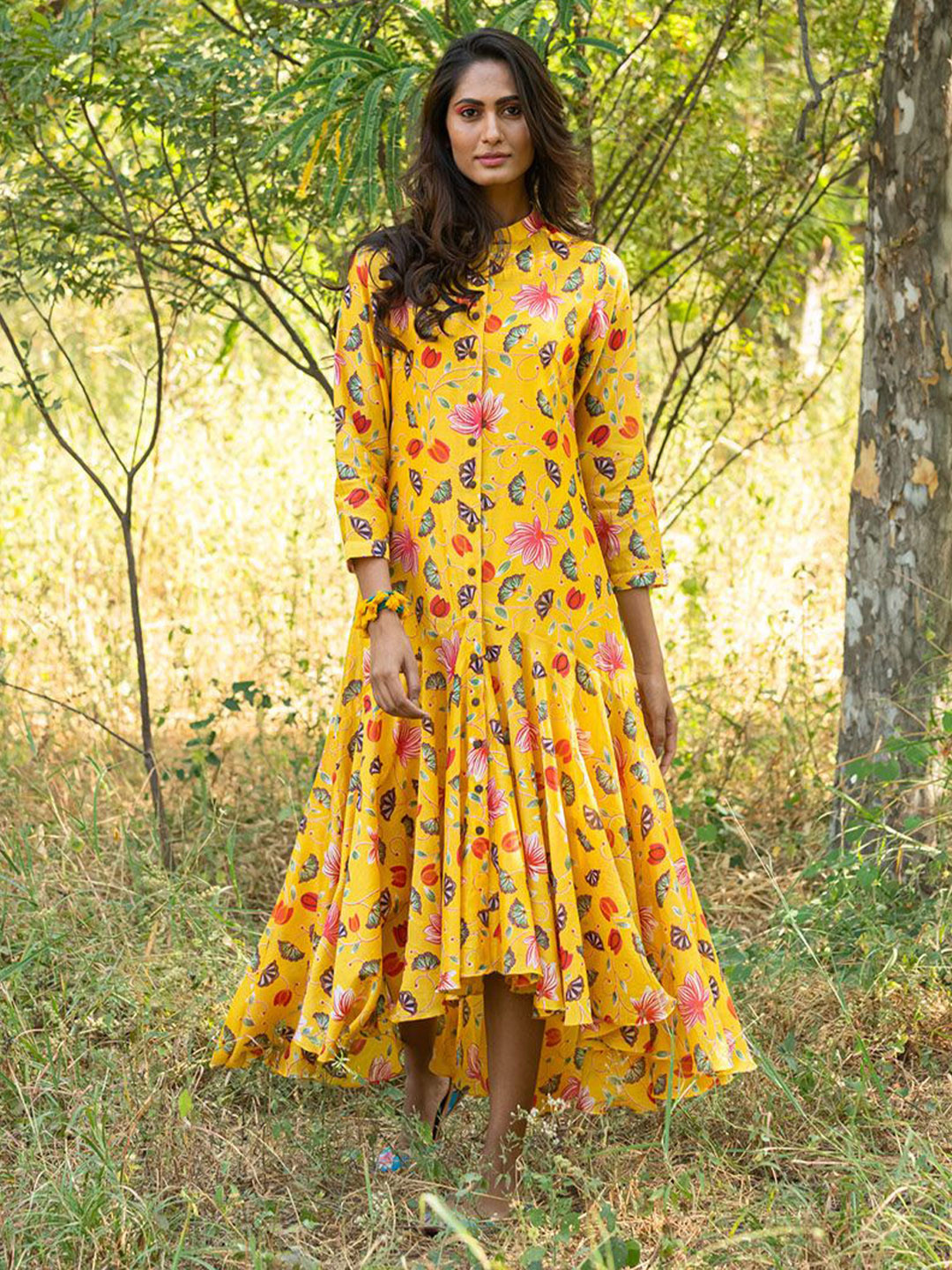 SWATI VIJAIVARGIE Floral Print Cuffed Sleeves High-Low A-Line Maxi Dress