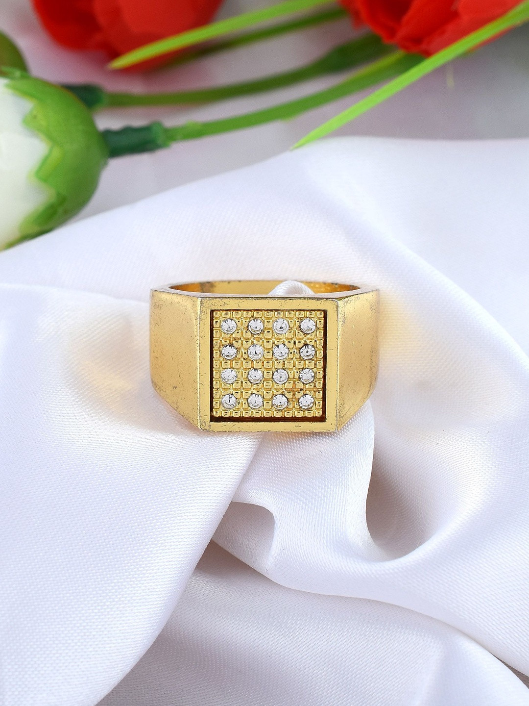 Gold Plated Brass Cz Studded Stylish Wedding Engagement Finger Ring