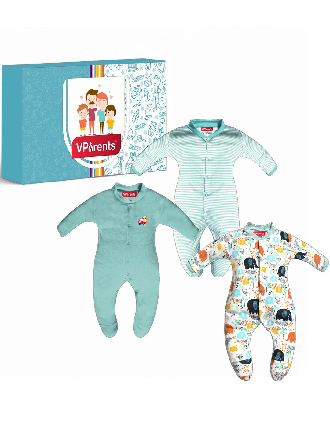 VParents Pack of 3 Aqua Footed Baby Romper
