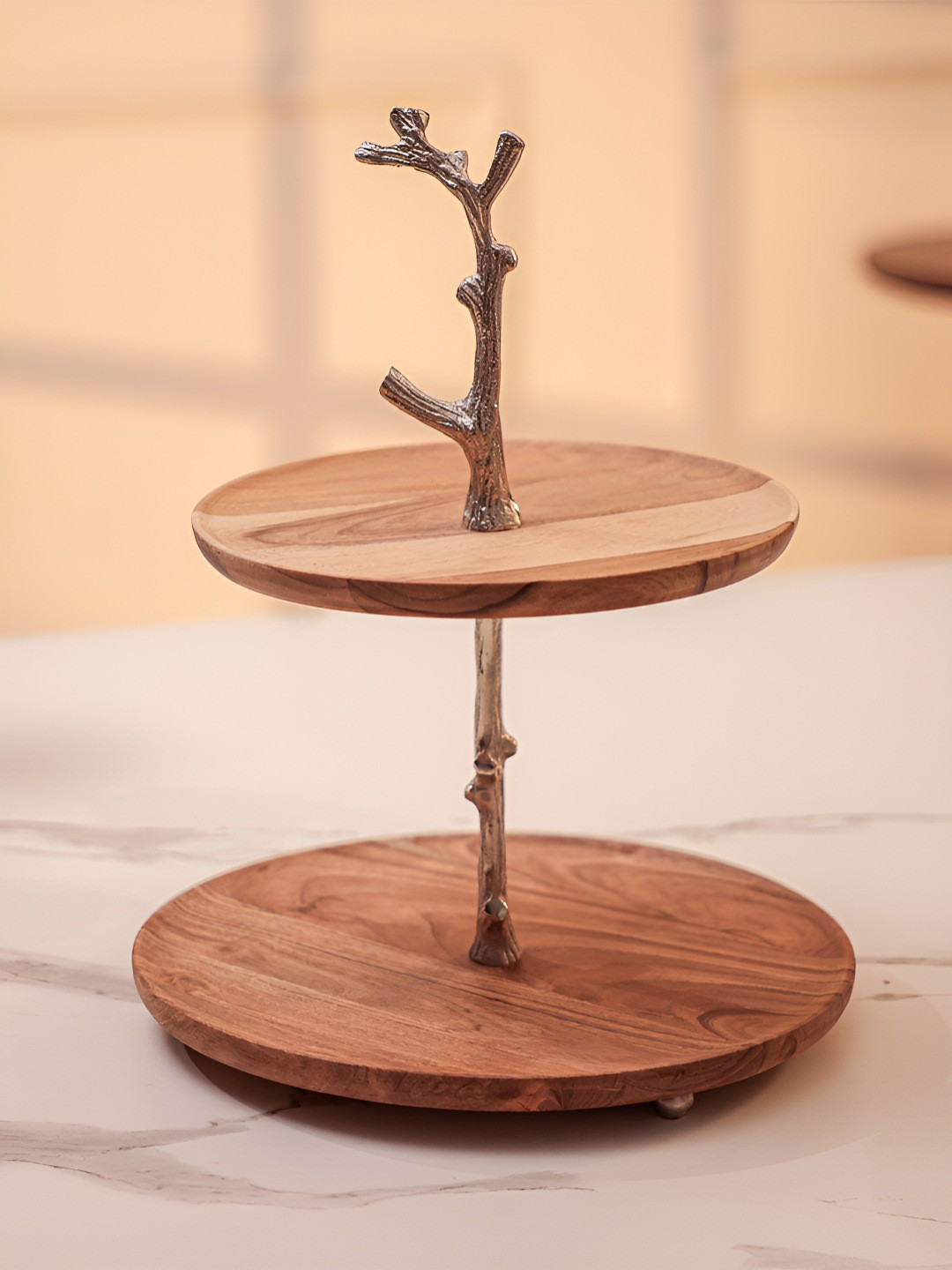 Ireka Homes Brown Wooden Two-Tier Serving Stand Food Platter
