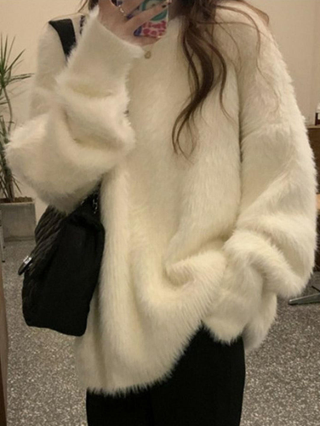 StyleCast Women Round Neck Boucle Pullover with Fuzzy Detail