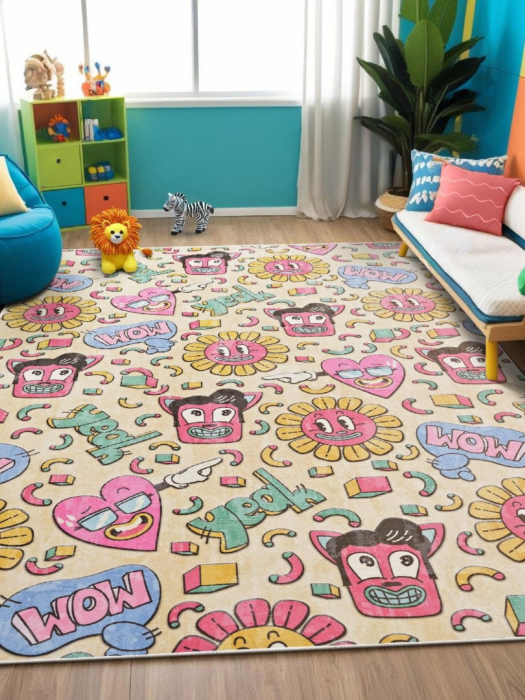 Kaleen India Kids Yellow & Pink Cartoon Characters Anti-Skid Carpet