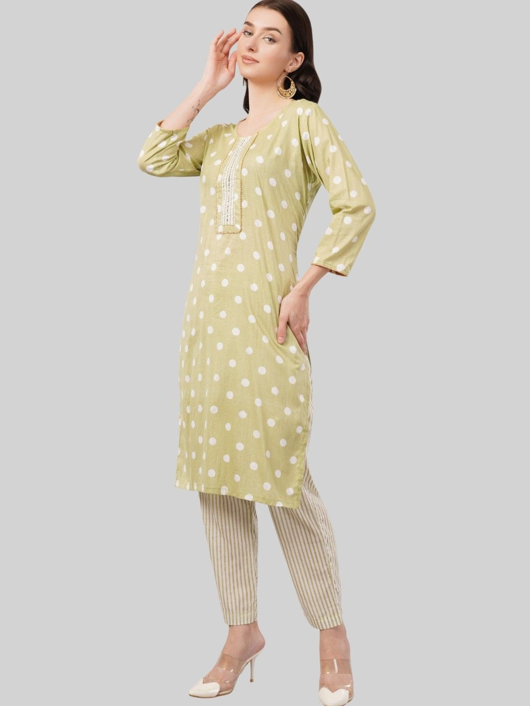 EELIKA Geometric Printed Pure Cotton Straight Kurta With Trousers & Dupatta