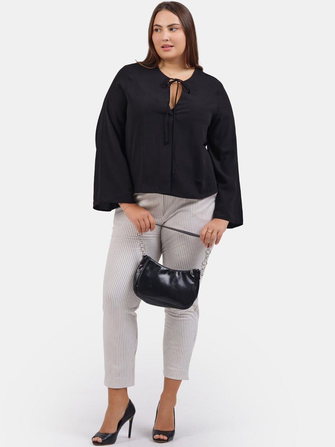 Virgio Women Tie-Up Neck Flared Sleeve Plus Size Satin Top