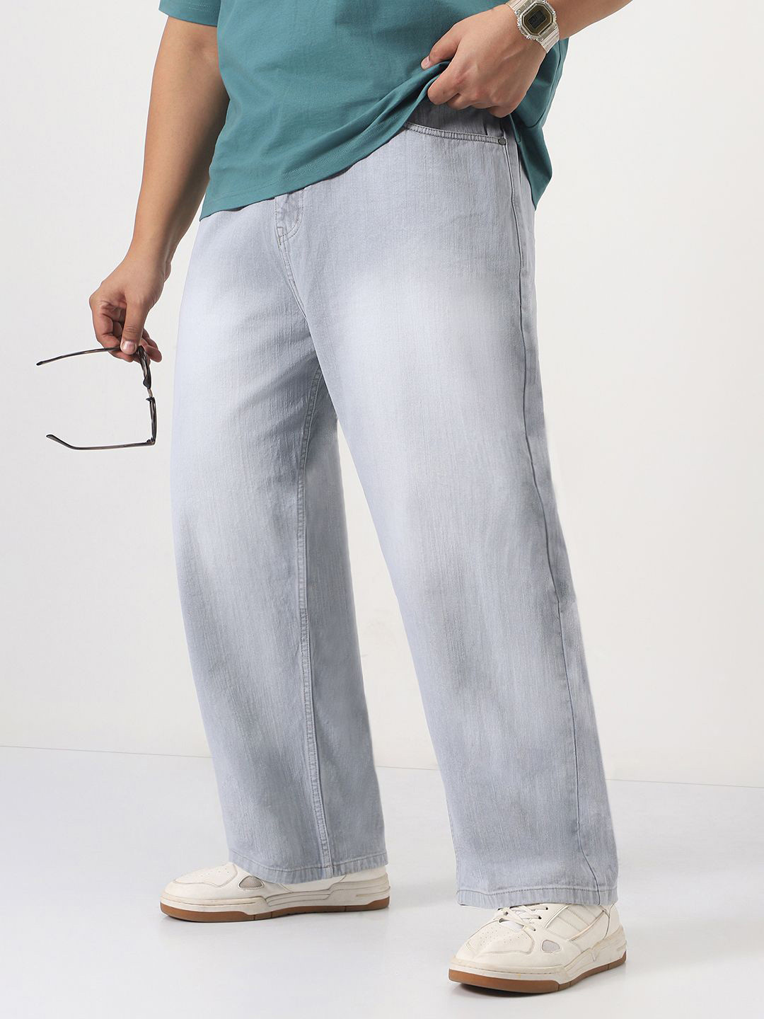 Urbano Plus Men Ice Grey Loose Baggy Fit Mid-Rise Washed Denim Jeans