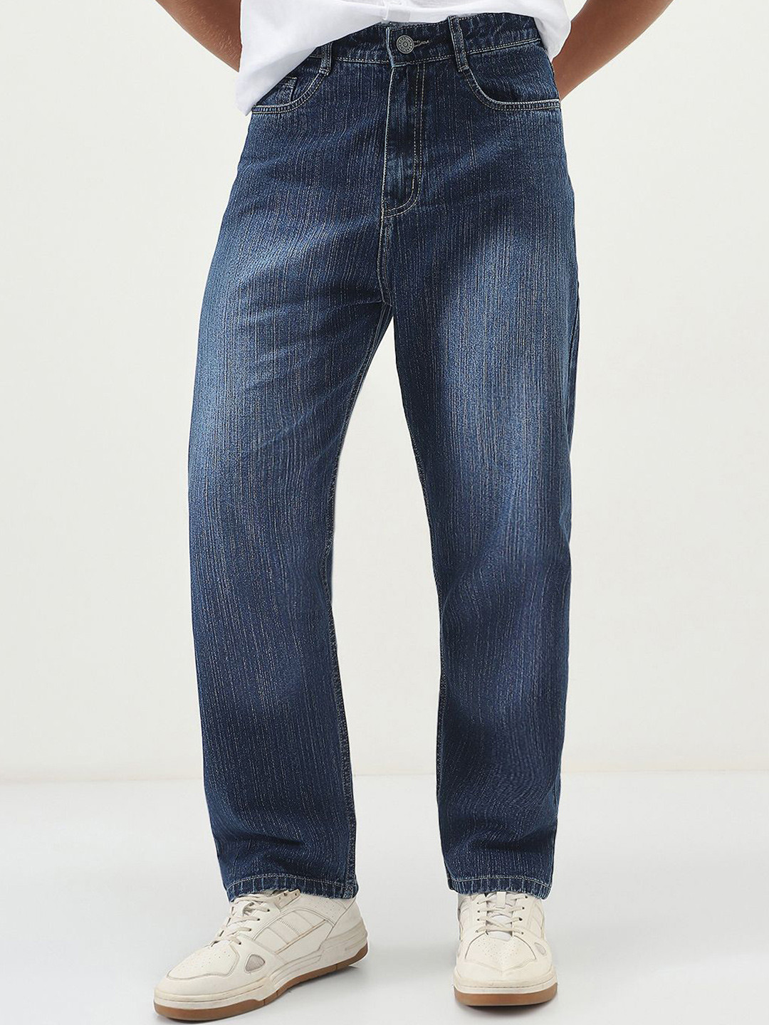 Urbano Fashion Men Blue Loose Baggy Fit Washed Denim Non-Stretchable Cotton Jeans